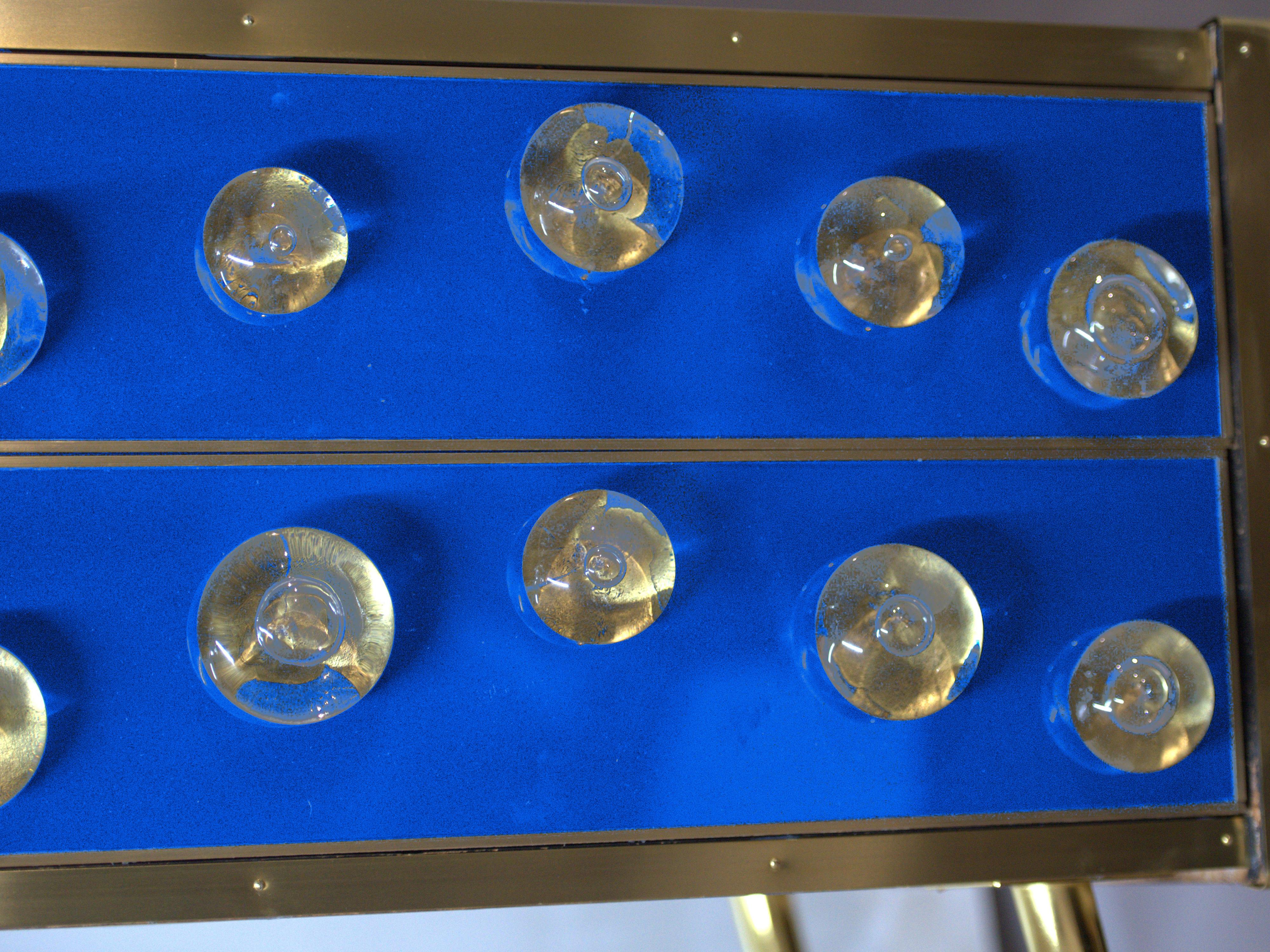 Italian Blue Glass and Brass Sideboard with 28 Murano Jewelry and Four Drawers Available in vendita