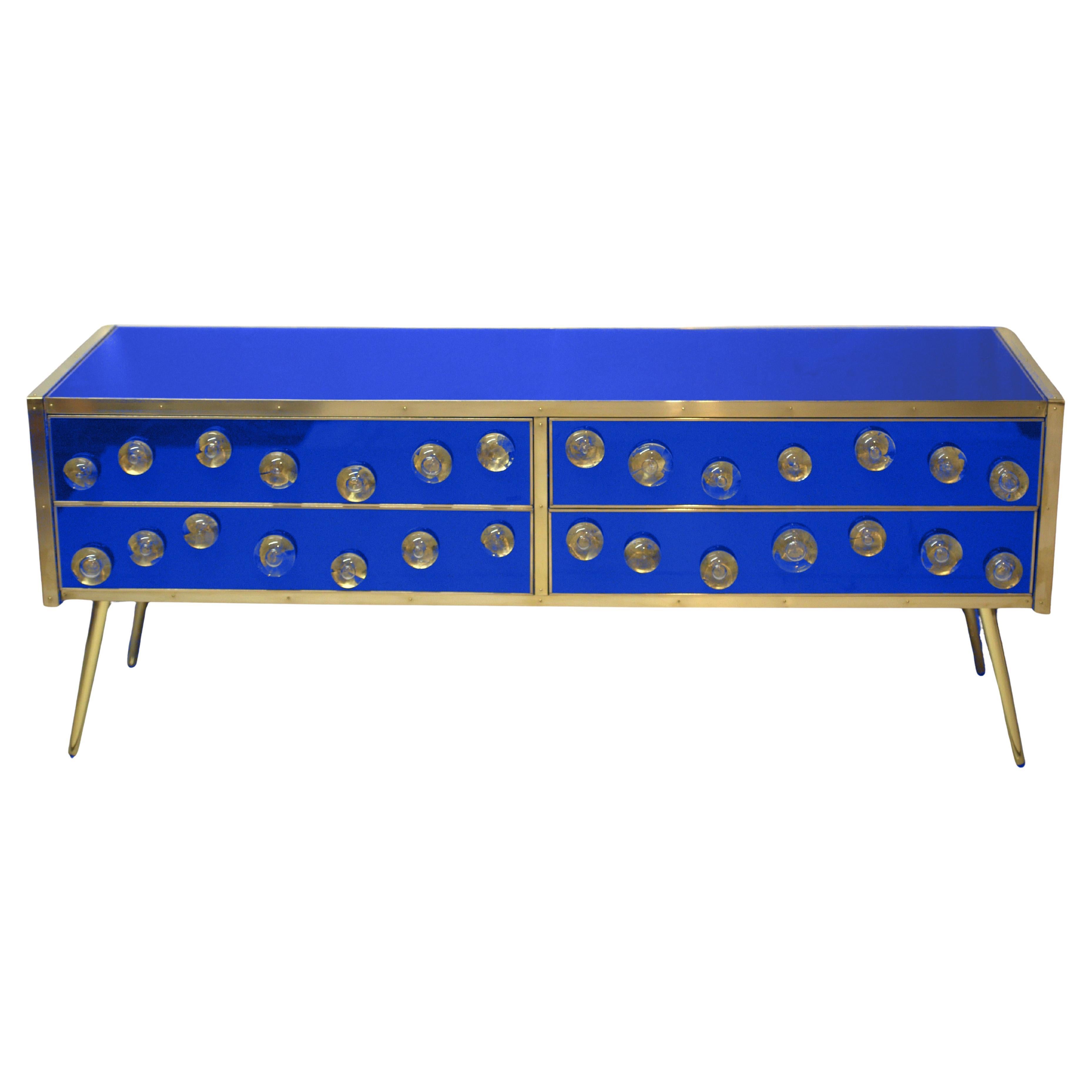 Blue Glass and Brass Sideboard with 28 Murano Jewelry and Four Drawers Available