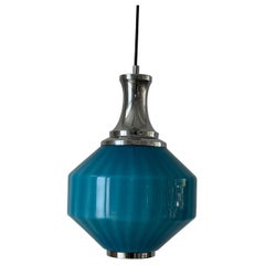 Blue Glass and Chrome Frame Ceiling Lamp, 1960s, Germany