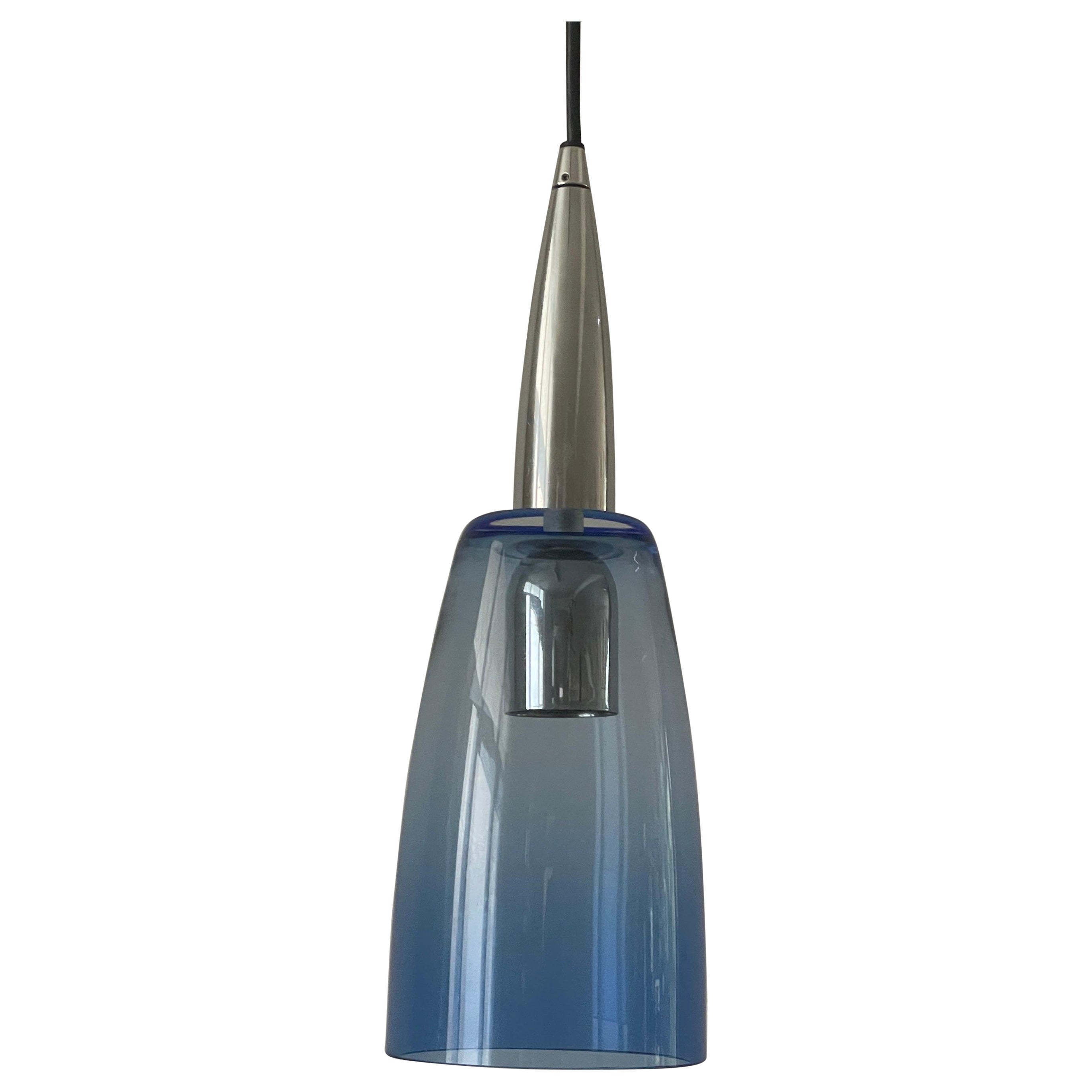 Blue Glass and Chrome Pendant Lamp by Leola, 1970s, Germany en vente