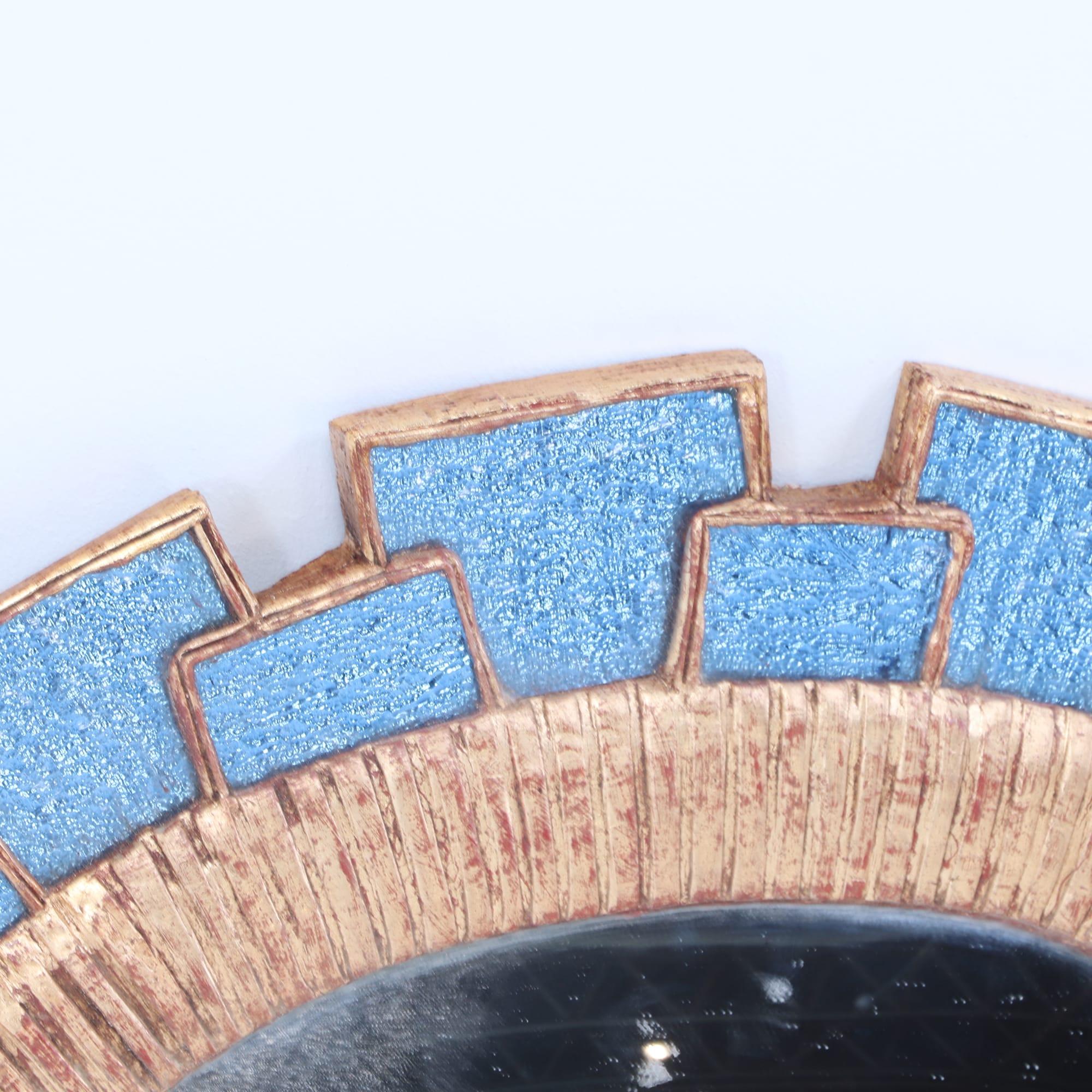 South American Blue glass and resin convex mirror having textured glass, manner of line vautrin For Sale