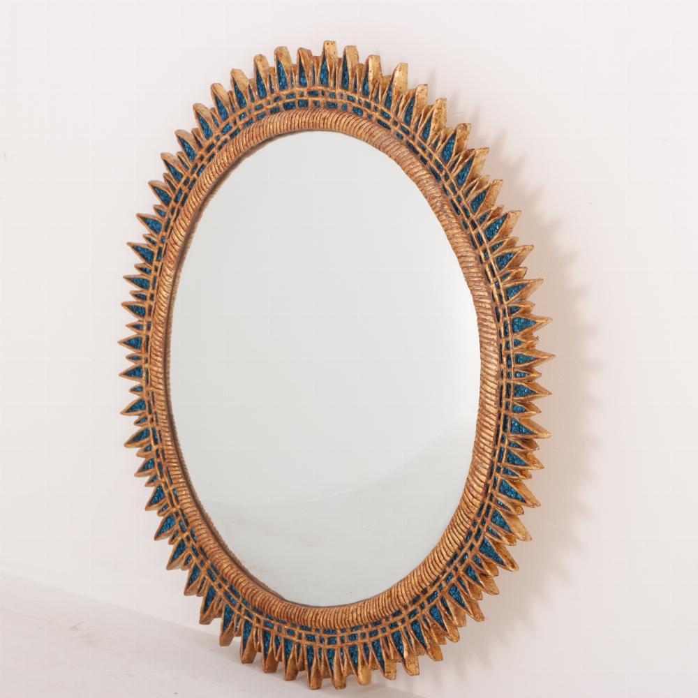 Mid-Century Modern Blue Glass and Resin Convex Mirror.