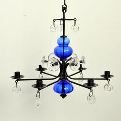 Blue Glass and Wrought Iron Chandelier Candelabra by Erik Höglund Sweden