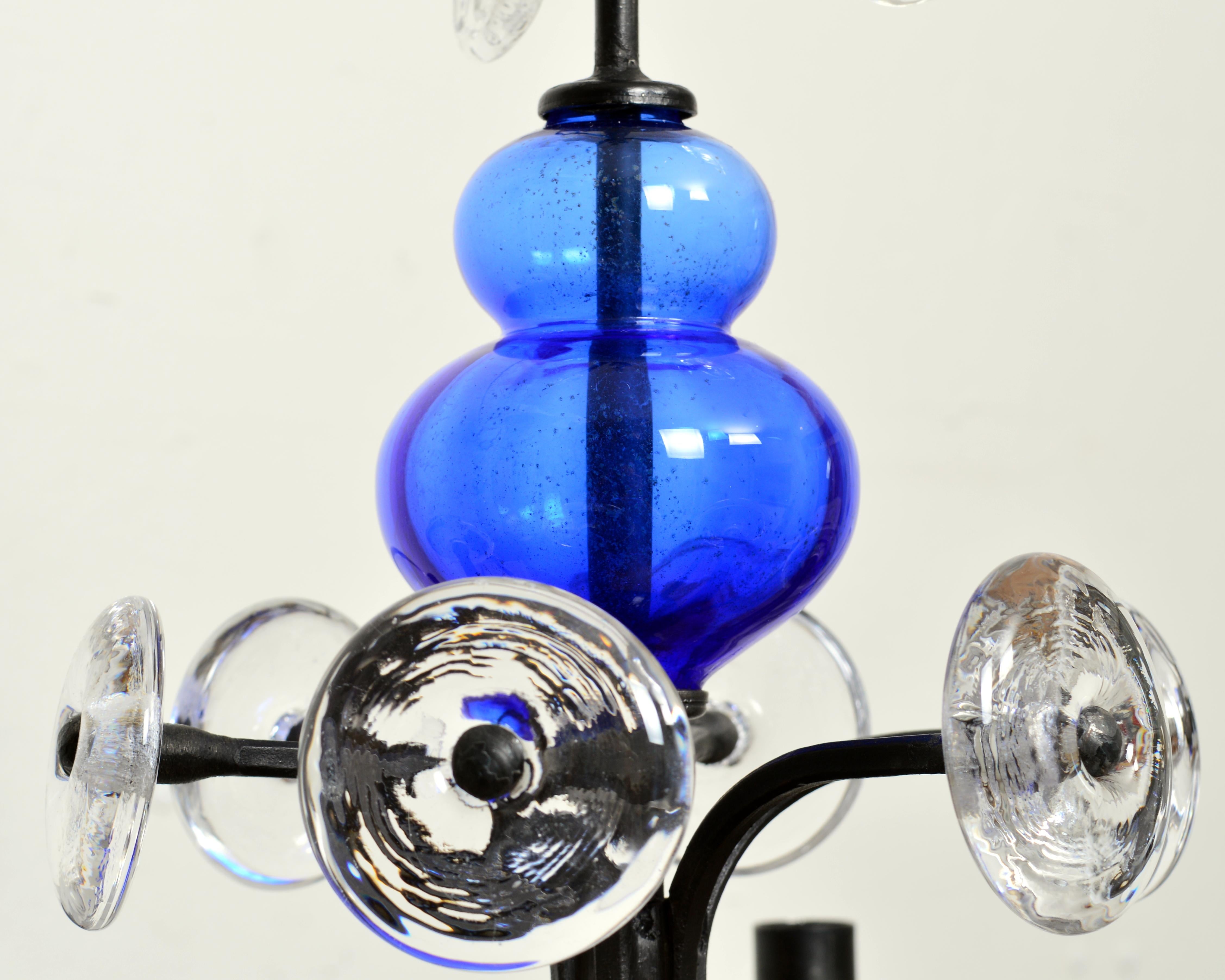 Verre Chandelier en verre bleu et fer forgé Candelabra by Erik Höglund Sweden en vente