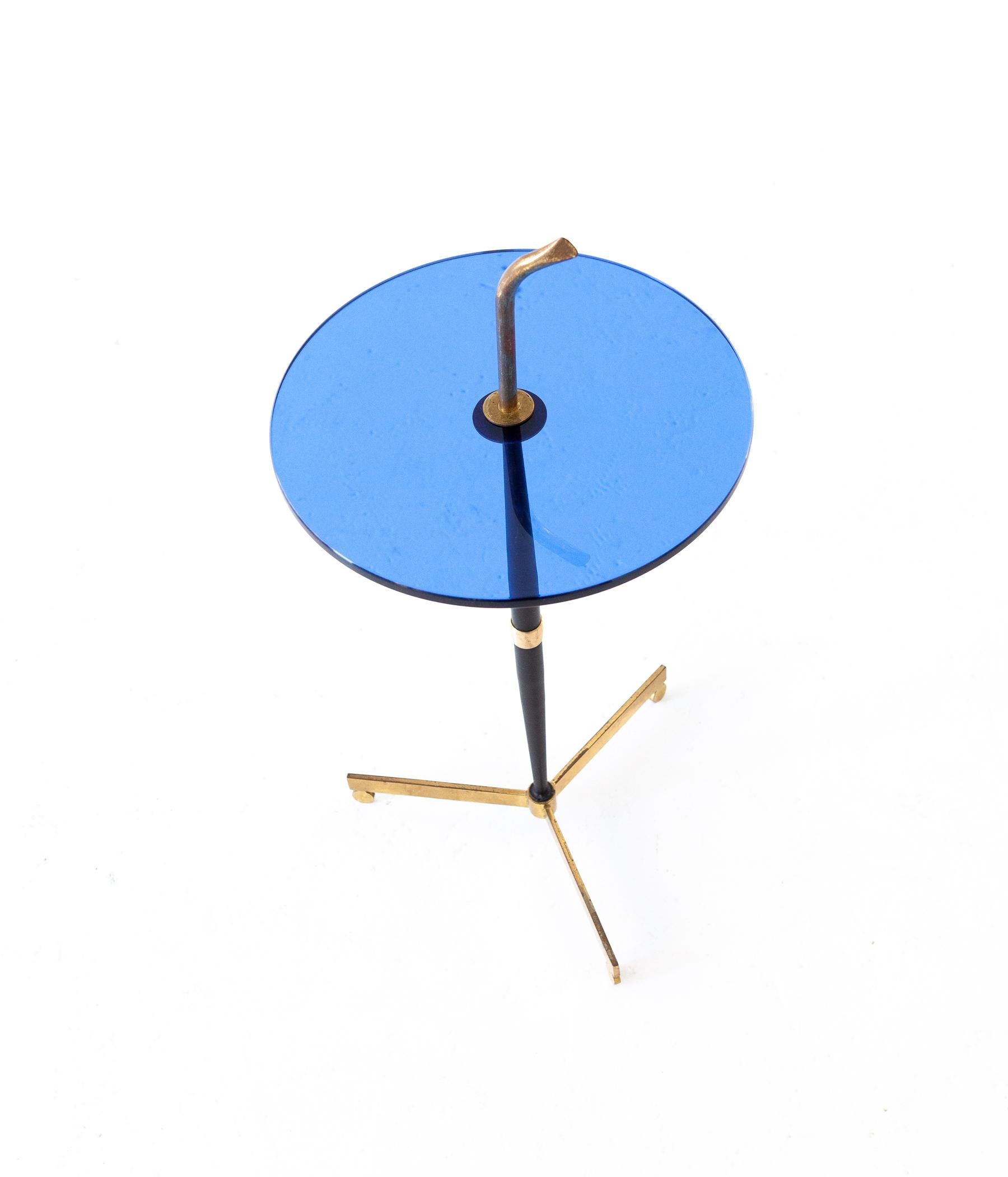 Mid-Century Modern Blue Glass, Black Iron and Brass Table, Italy, 1950s