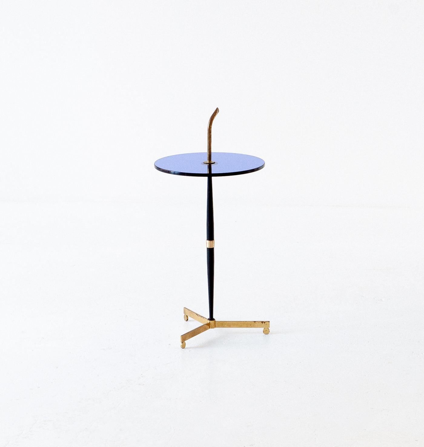 Italian Blue Glass, Black Iron and Brass Table, Italy, 1950s