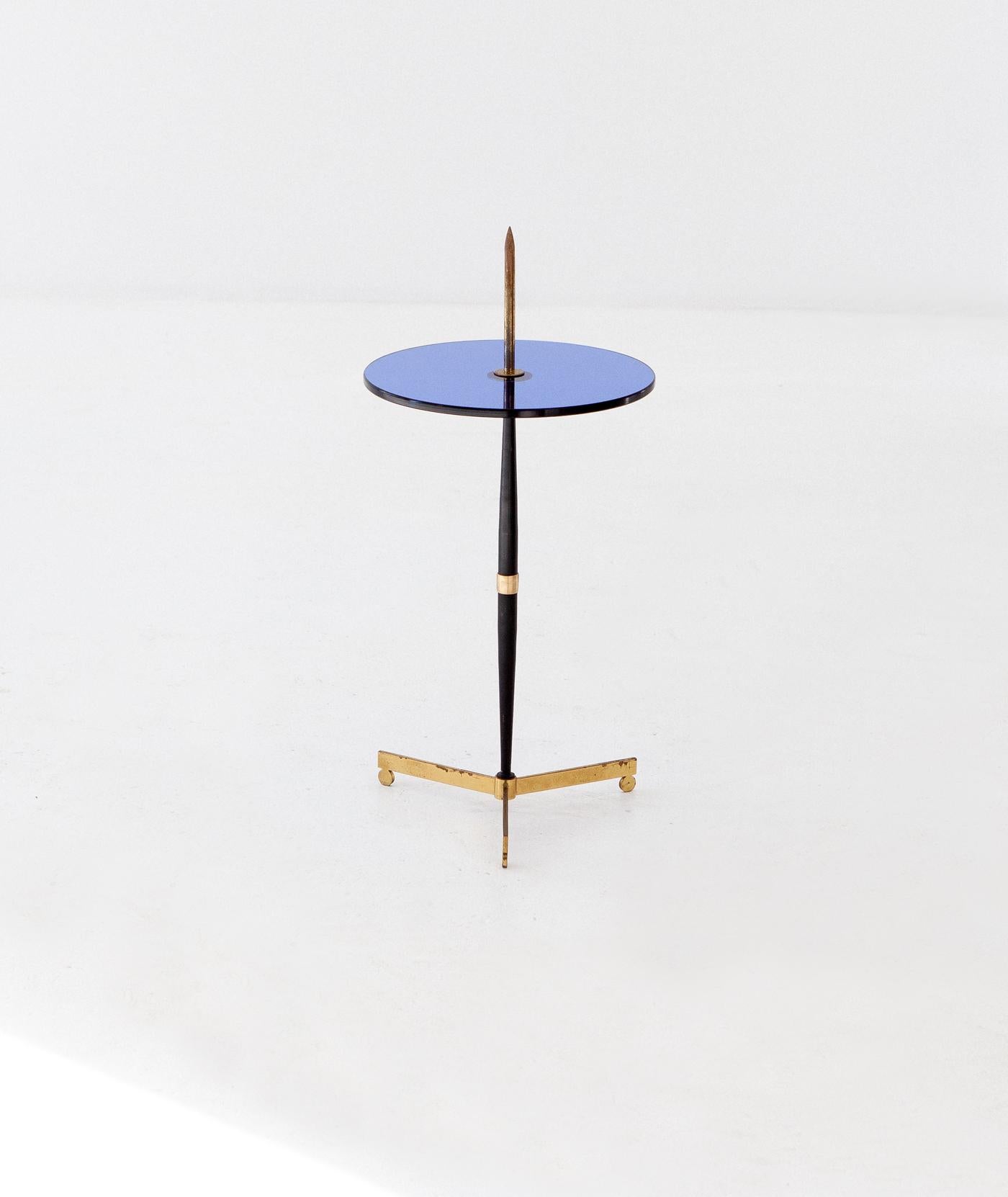 Blue Glass, Black Iron and Brass Table, Italy, 1950s In Good Condition In Rome, IT