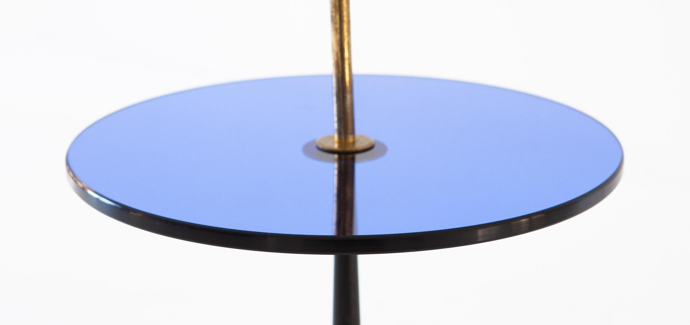 Mid-20th Century Blue Glass, Black Iron and Brass Table, Italy, 1950s