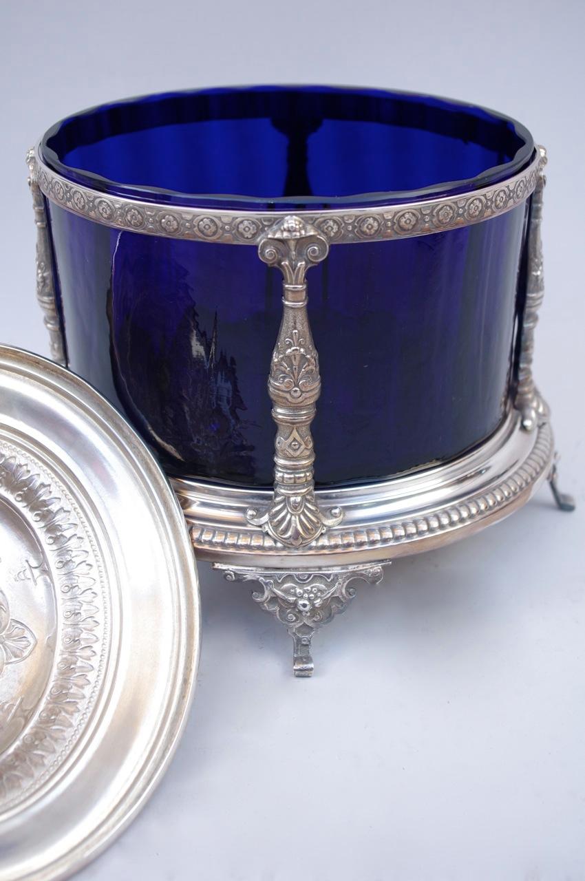 Molded Blue Glass Bonbonniere Mounted in Silvered Metal, Napoleon III Period