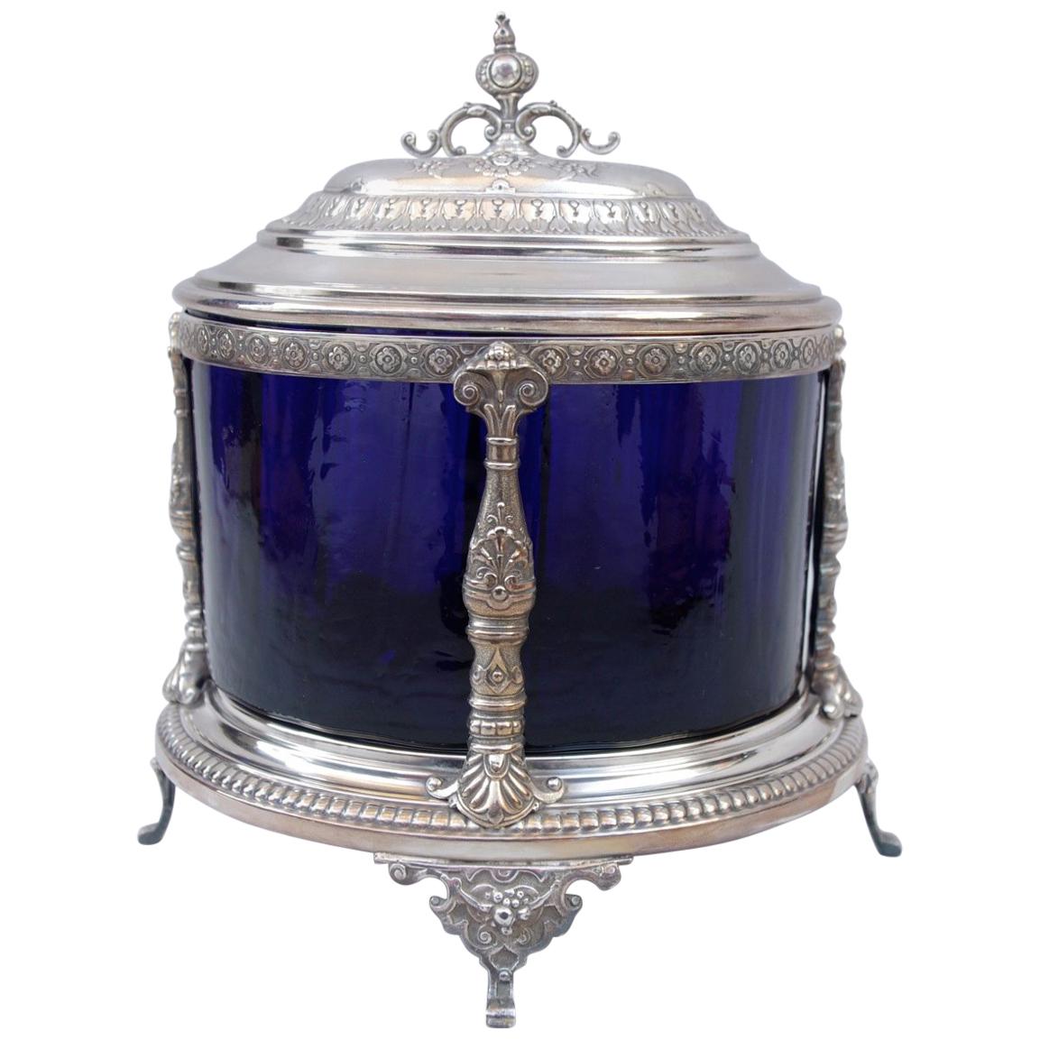 Blue Glass Bonbonniere Mounted in Silvered Metal, Napoleon III Period