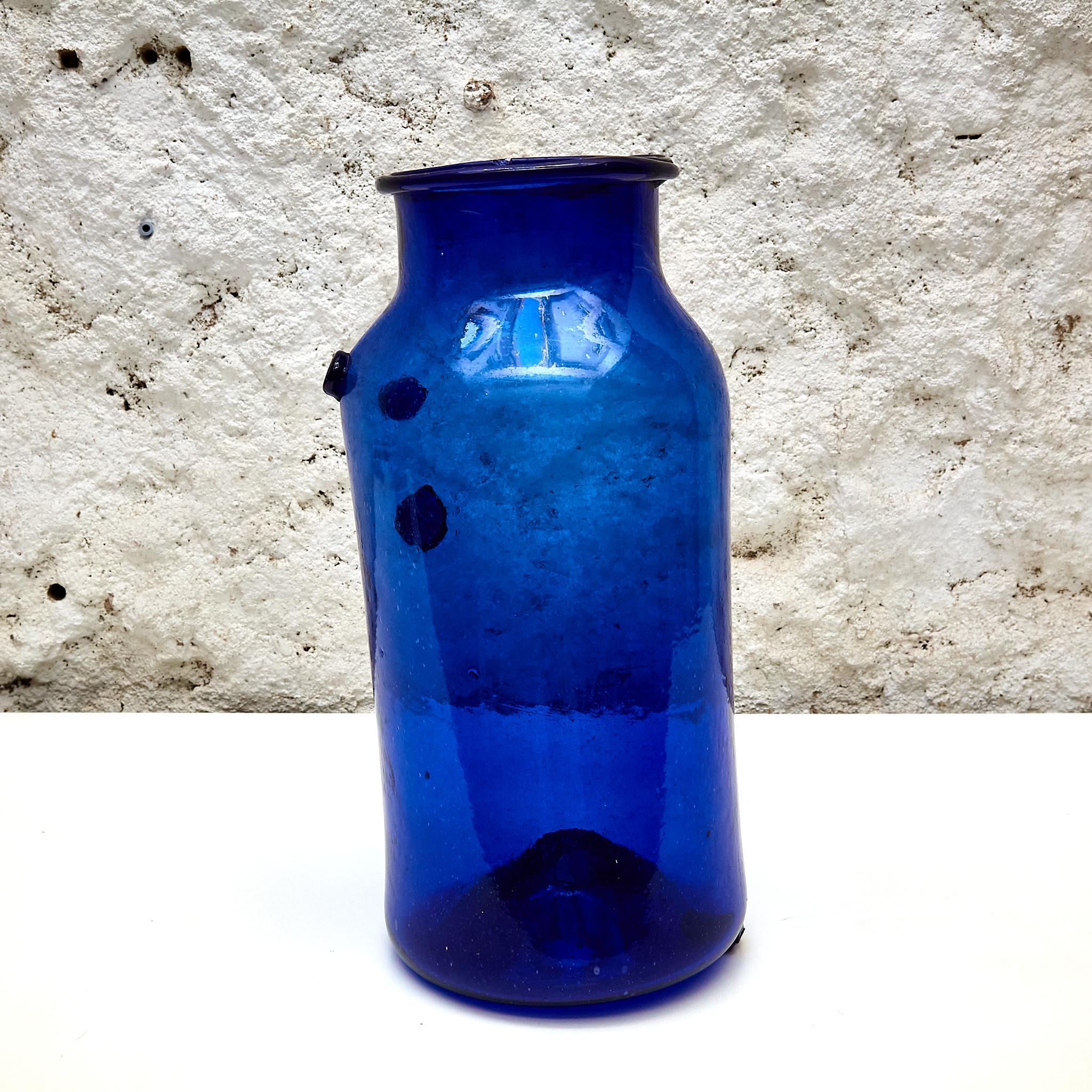 Blue Glass Bottle with Wicker Basket, circa 1930 For Sale 4