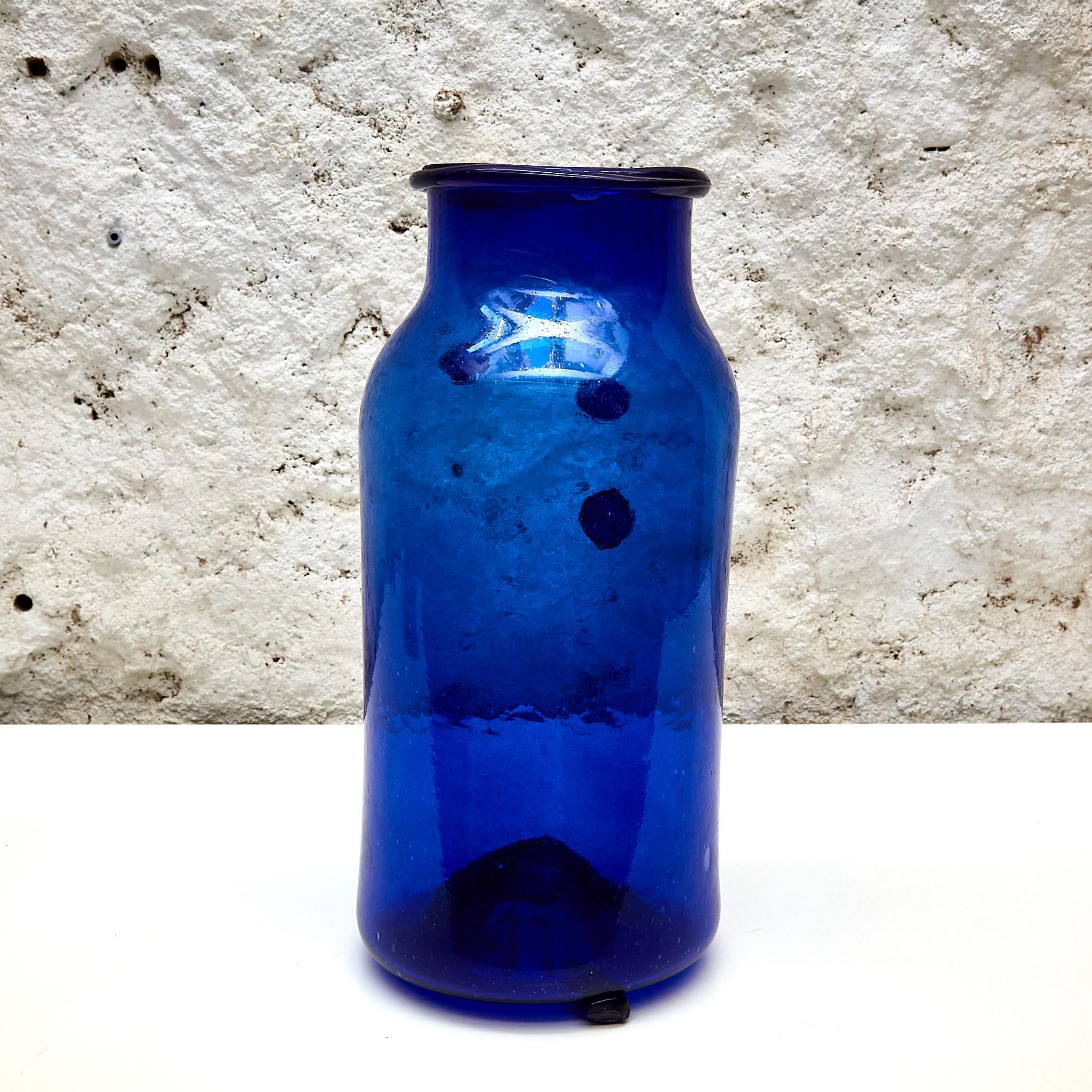 Blue Glass Bottle with Wicker Basket, circa 1930 For Sale 5