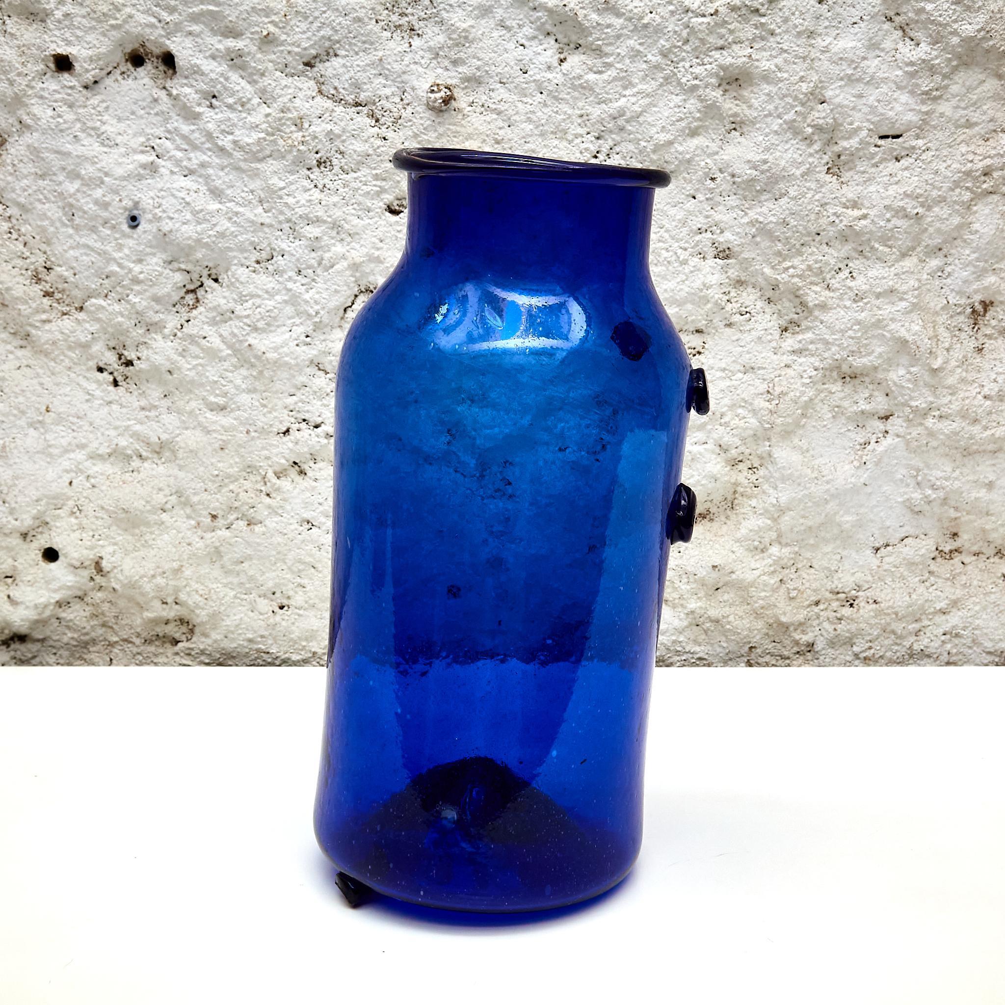 Blue Glass Bottle with Wicker Basket, circa 1930 For Sale 6
