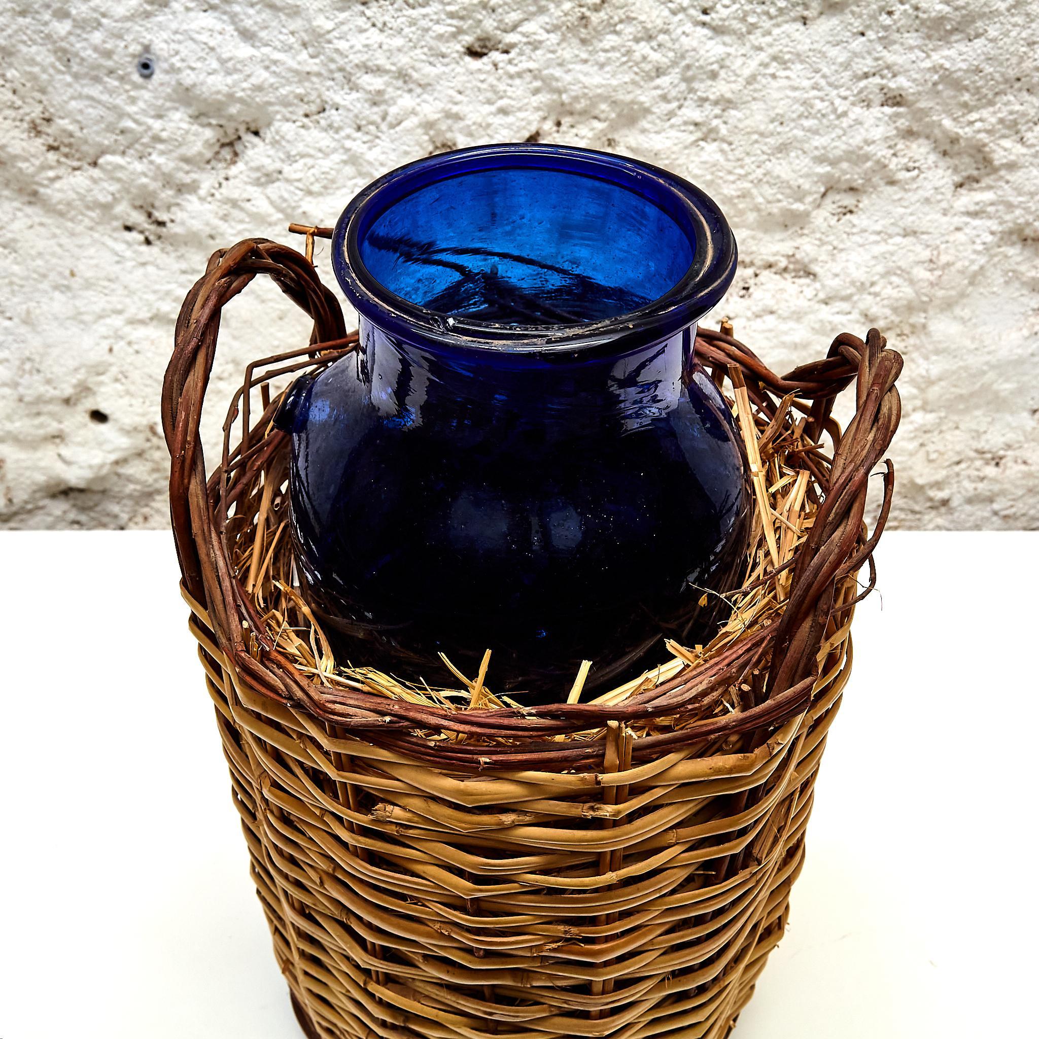 Blue Glass Bottle with Wicker Basket, circa 1930 For Sale 13