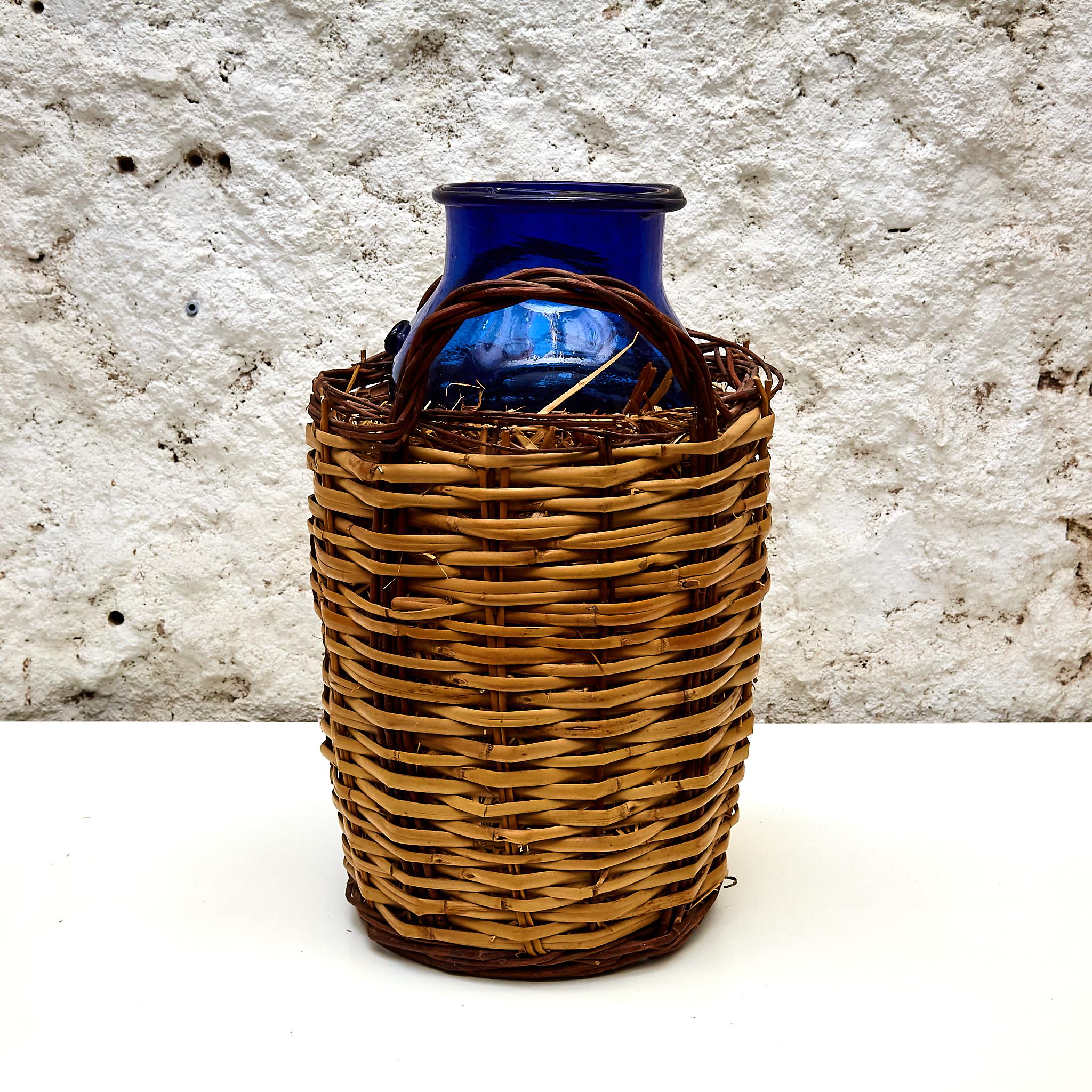 French Blue Glass Bottle with Wicker Basket, circa 1930
