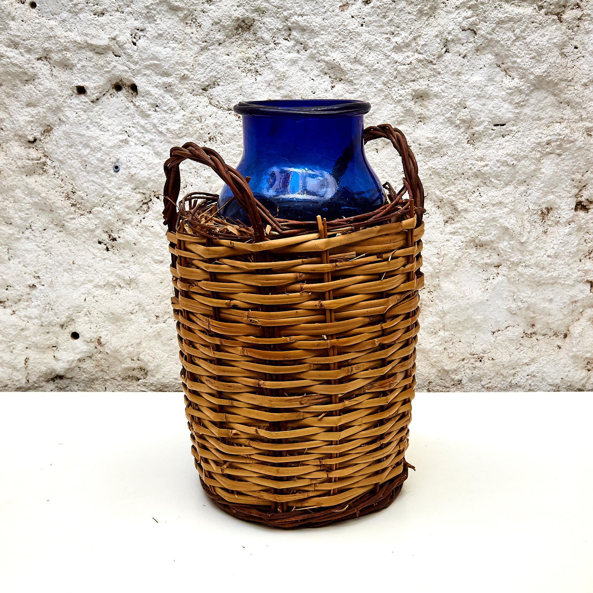 Blue Glass Bottle with Wicker Basket, circa 1930 In Fair Condition For Sale In Barcelona, ES