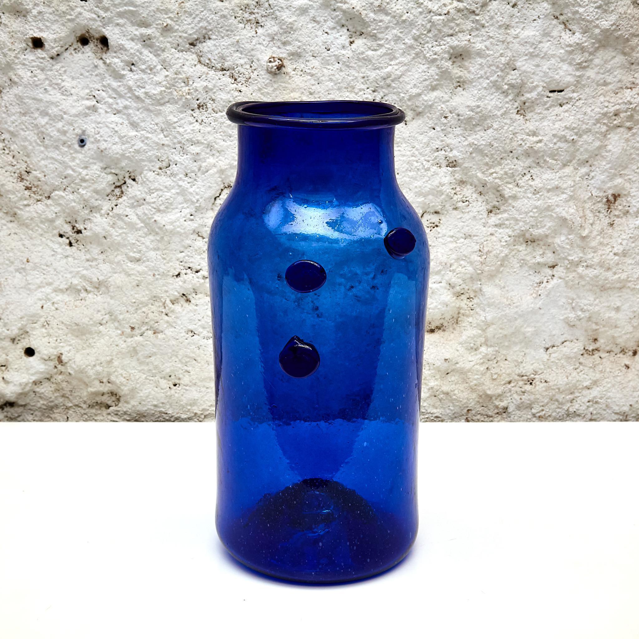 Blue Glass Bottle with Wicker Basket, circa 1930 For Sale 2