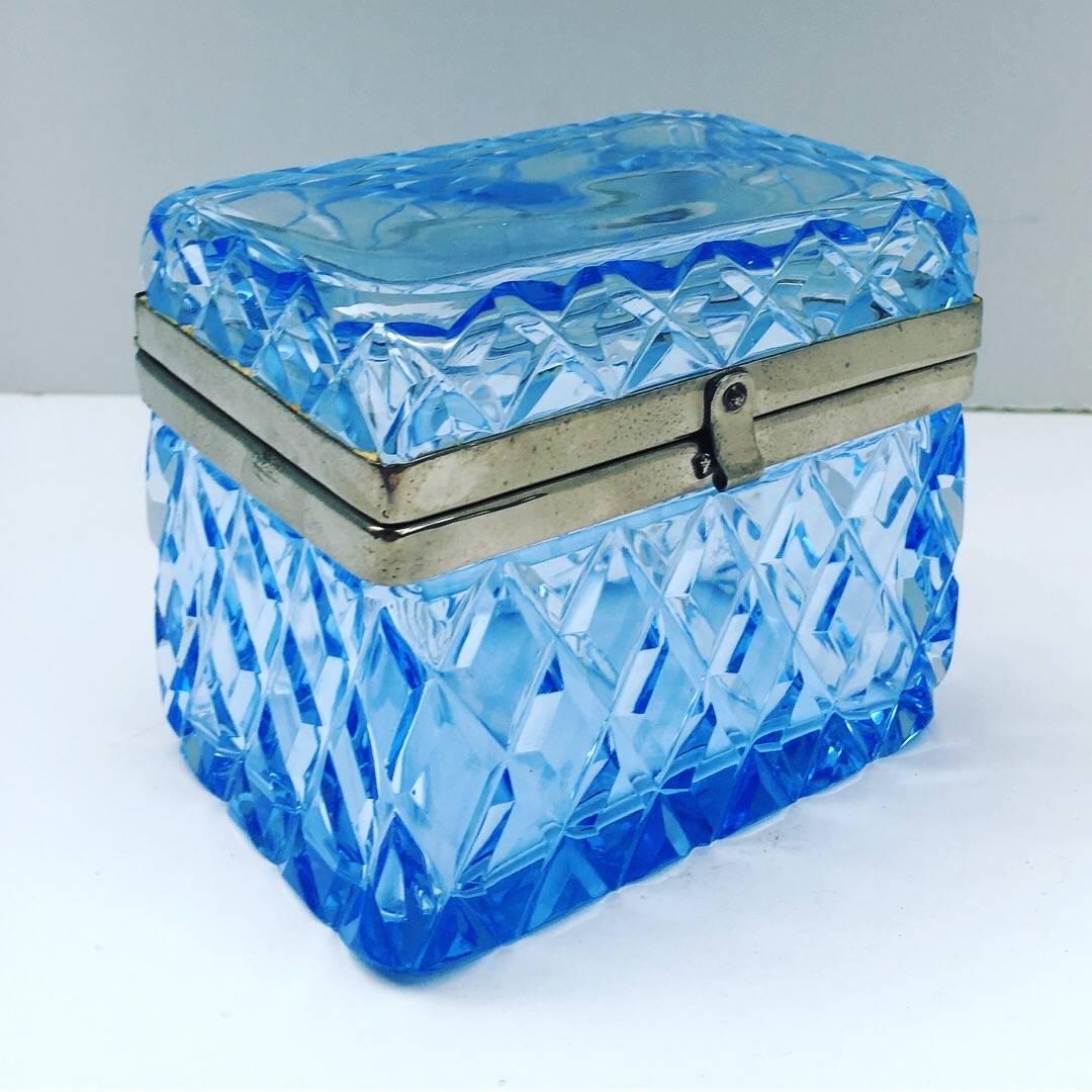 20th Century Blue Glass Box with Hinged Closure