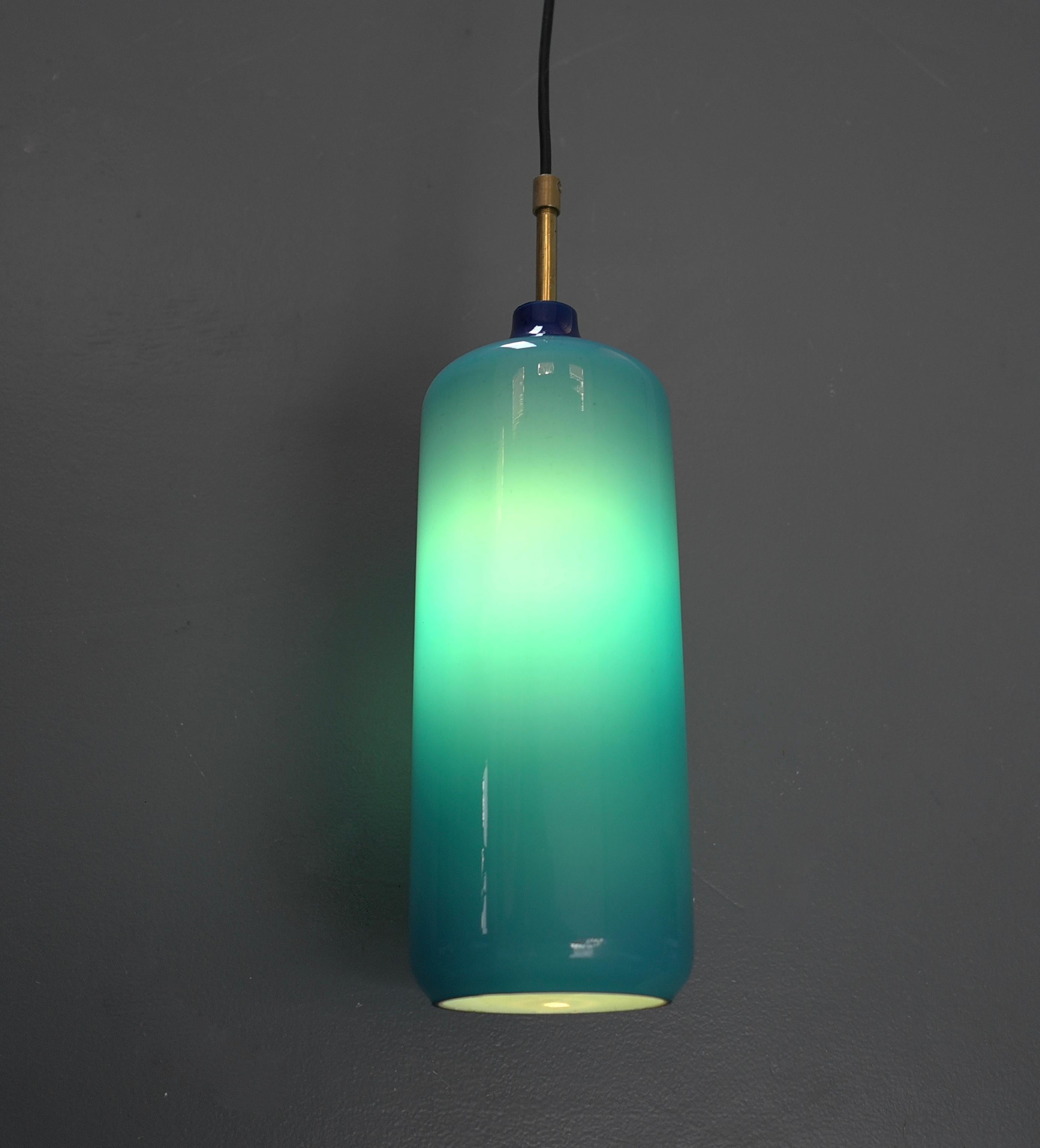 Swedish 3x Blue Glass Cilinder Pendant Lamps by Uno & Östen Kristiansson, Sweden 1960's For Sale