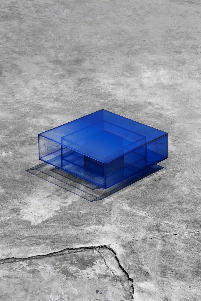 blue glass side table