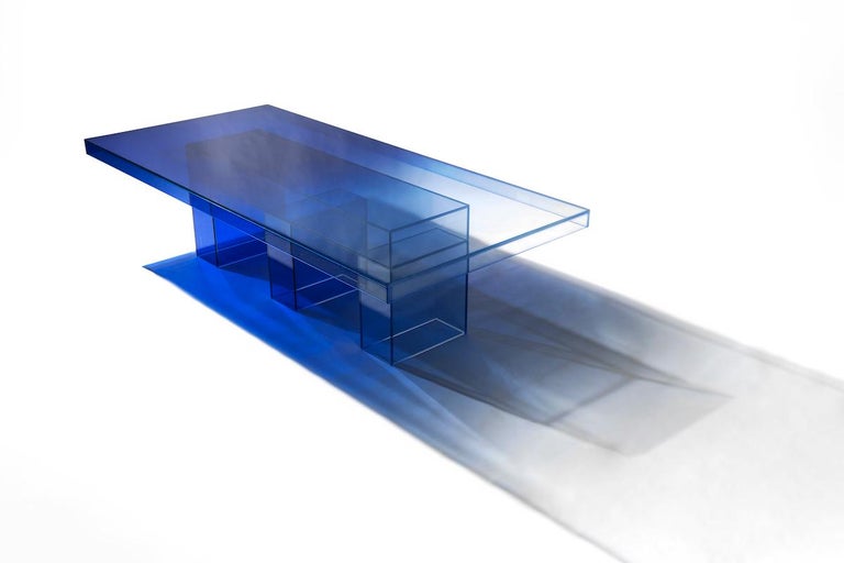 Laminated Null Blue Glass Clear Transition Color Dining Table by Studio Buzao Customizable For Sale