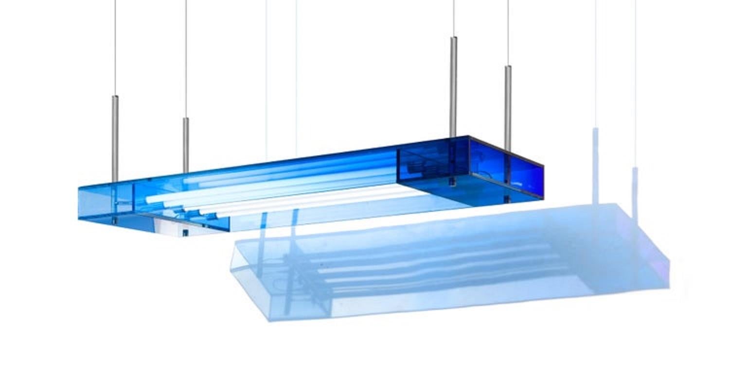 This square hanging light is made with compound glass in blue color. Size and color are customizable upon request. Light specification: T8 9Wx6

Studio Buzao is an experimental design studio. It tempts to breakthrough the difference between