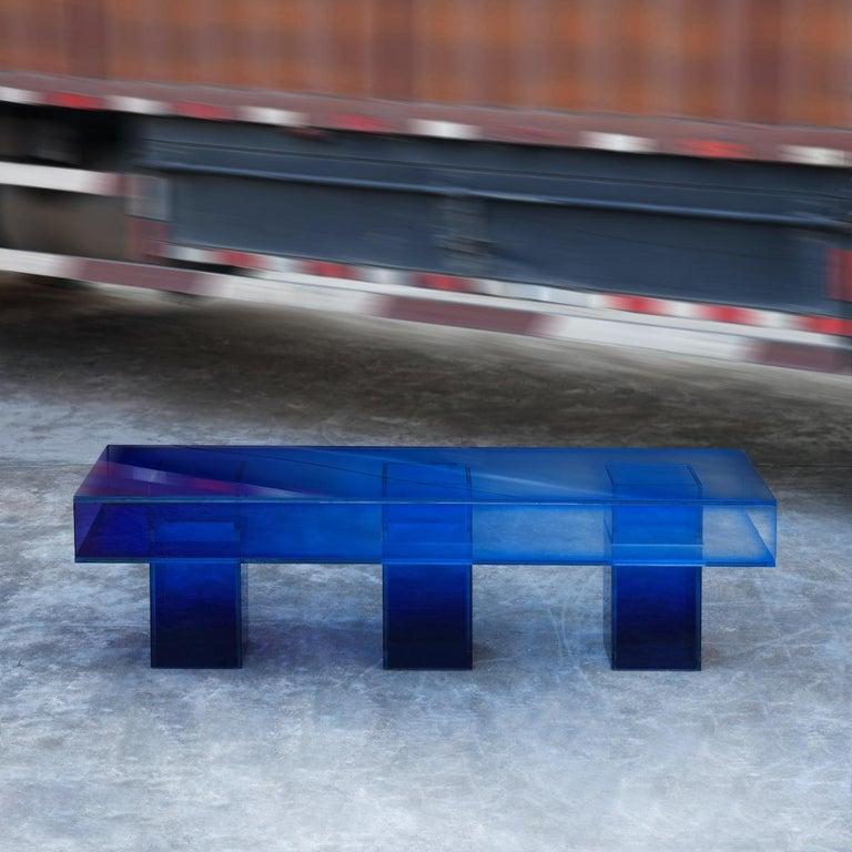 Contemporary Blue Glass Clear Transition Color Square Long Bench by Studio Buzao Customizable For Sale
