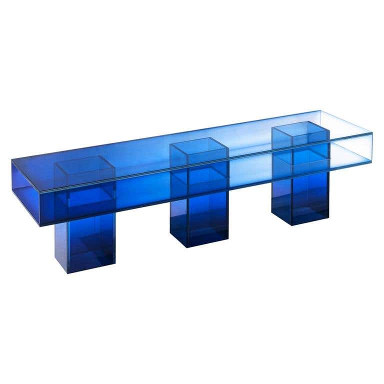 Blue Glass Clear Transition Color Square Long Bench by Studio Buzao ...