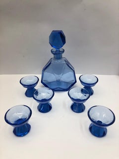 Blue Glass Decanter and 6 Small Glasses