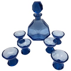 Antique Blue Glass Decanter and 6 Small Glasses