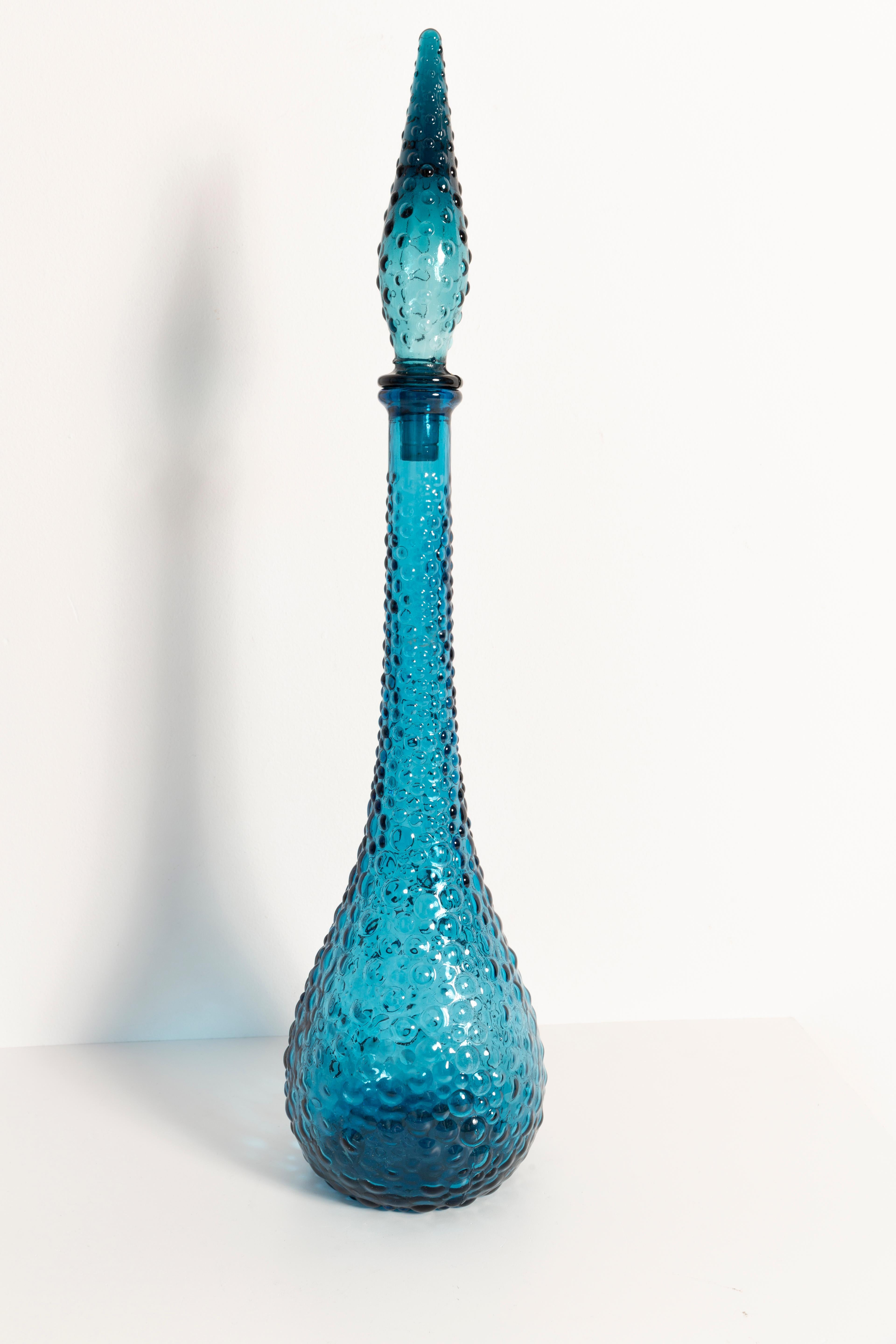 Mid-Century Modern Blue Glass Genie Decanter Bottle with Stopper, 20th Century, Italy, 1960s