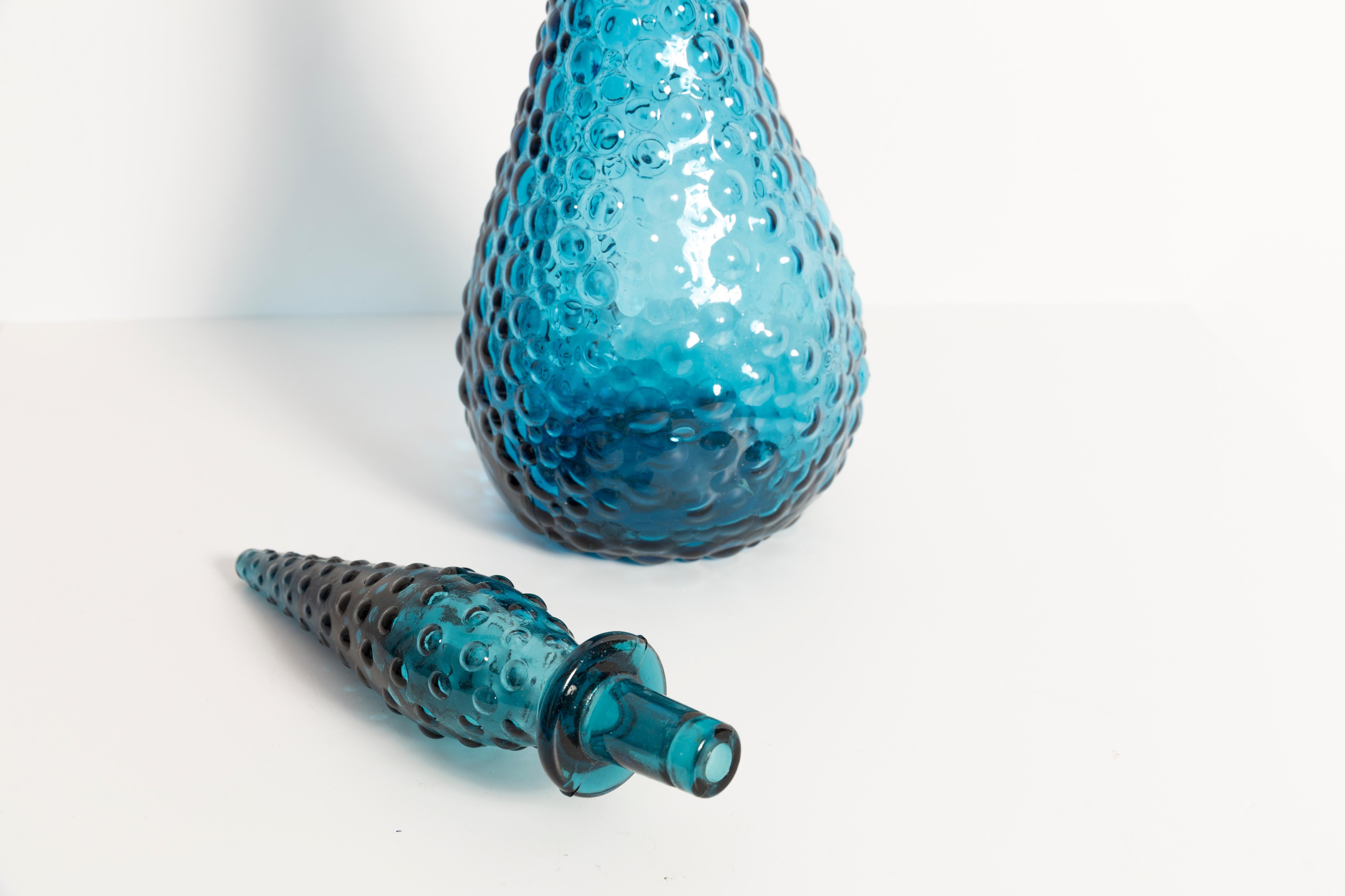 Blue Glass Genie Decanter Bottle with Stopper, 20th Century, Italy, 1960s In Good Condition In 05-080 Hornowek, PL