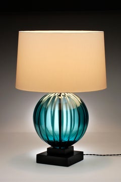 Blue Glass Globe Table Lamp with Cast Metal Base