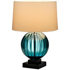 Blue Glass Globe Table Lamp with Cast Metal Base