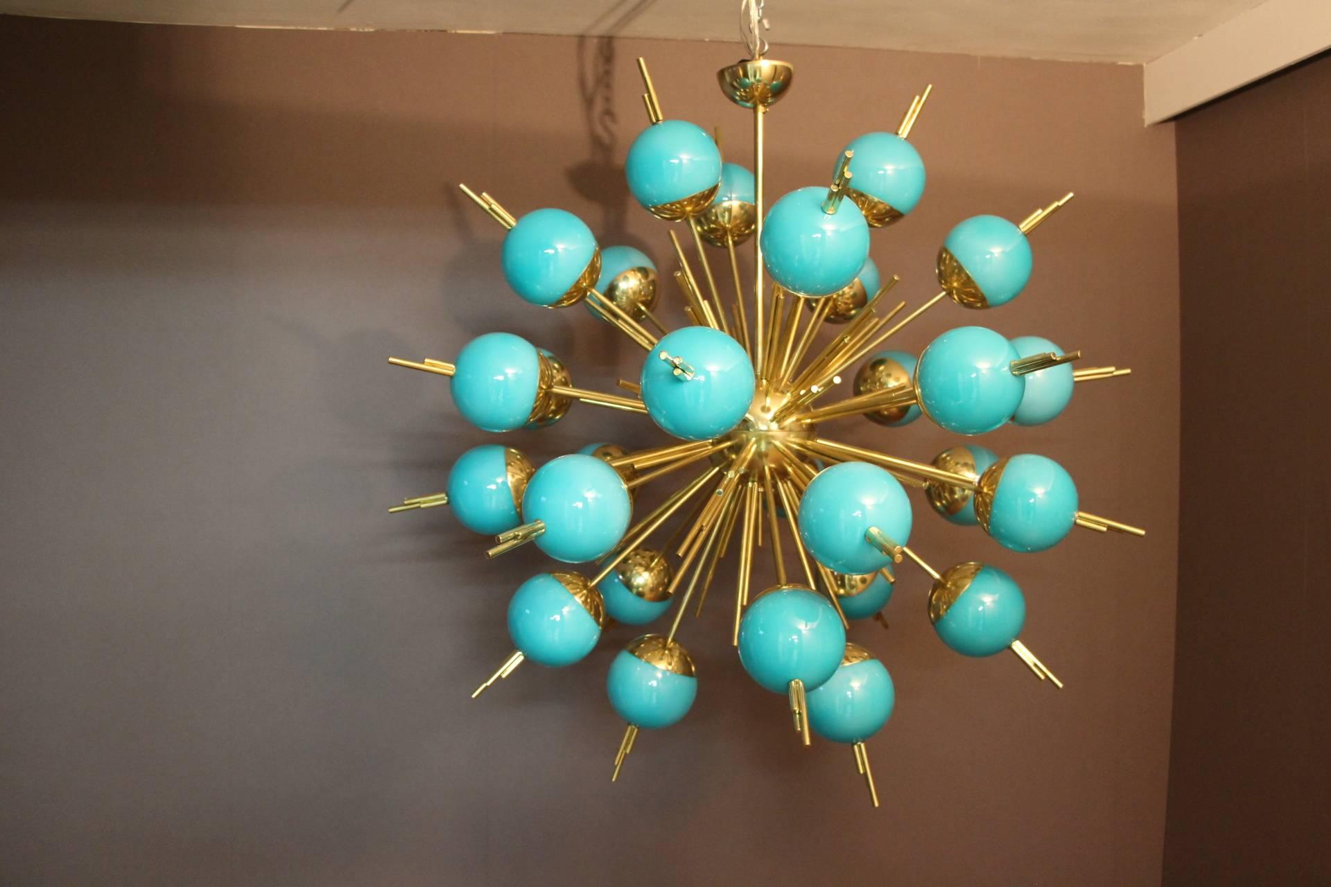 Mid-Century Modern Blue Glass Globes and Brass Sputnik Chandelier