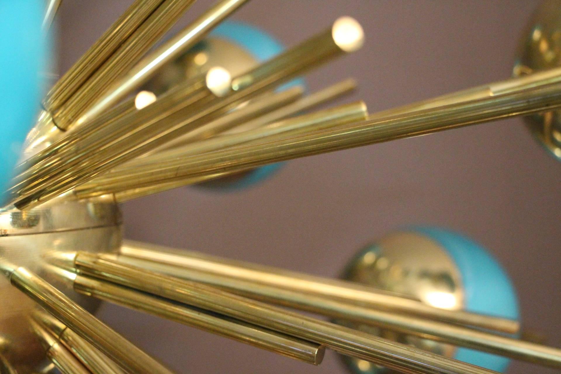 Blue Glass Globes and Brass Sputnik Chandelier In Excellent Condition In Saint-Ouen, FR