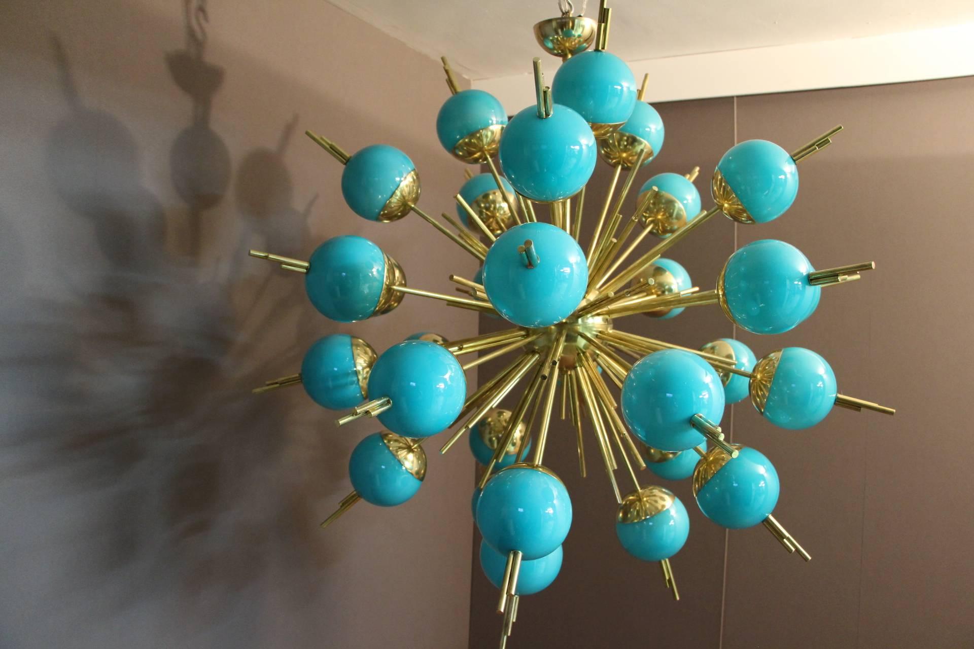 Blue Glass Globes and Brass Sputnik Chandelier 2