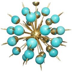 Blue Glass Globes and Brass Sputnik Chandelier