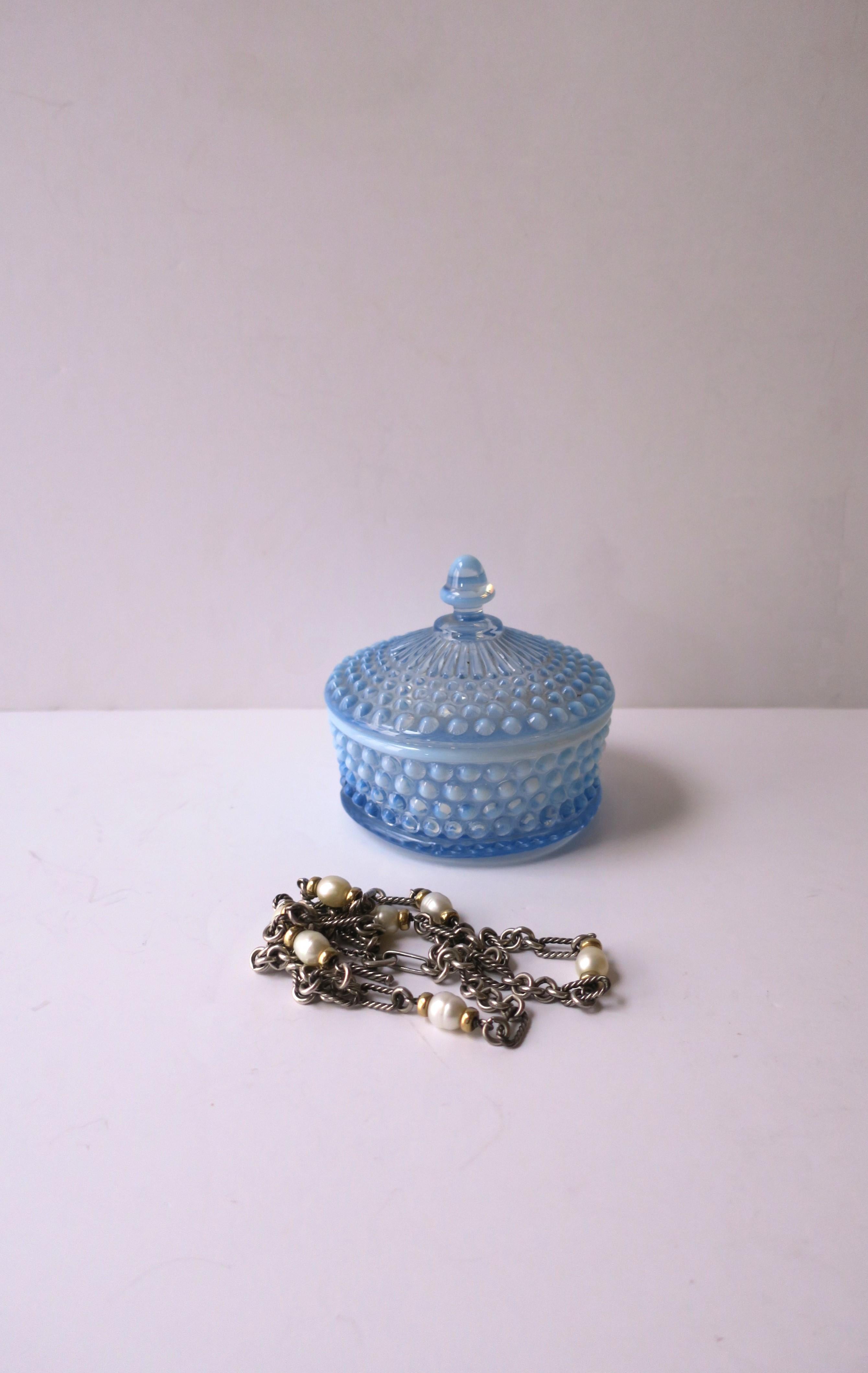 20th Century Blue Glass Hobnail Jewelry Vanity Box For Sale