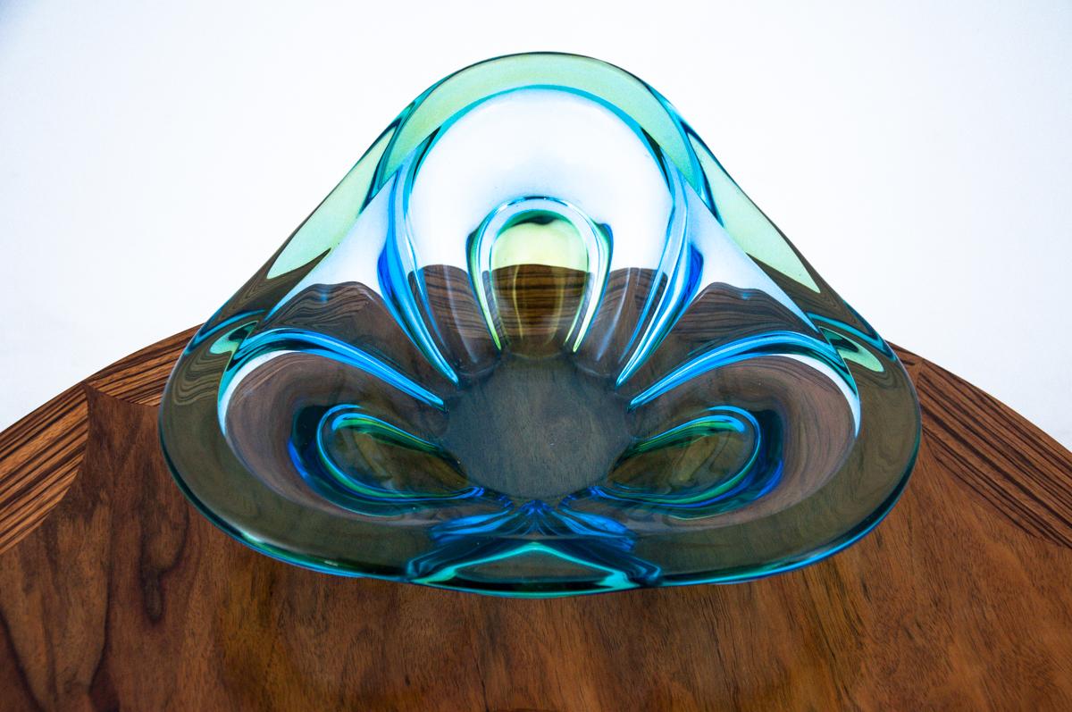 Blue Glass Midcentury Platter, 1960s In Good Condition In Chorzów, PL