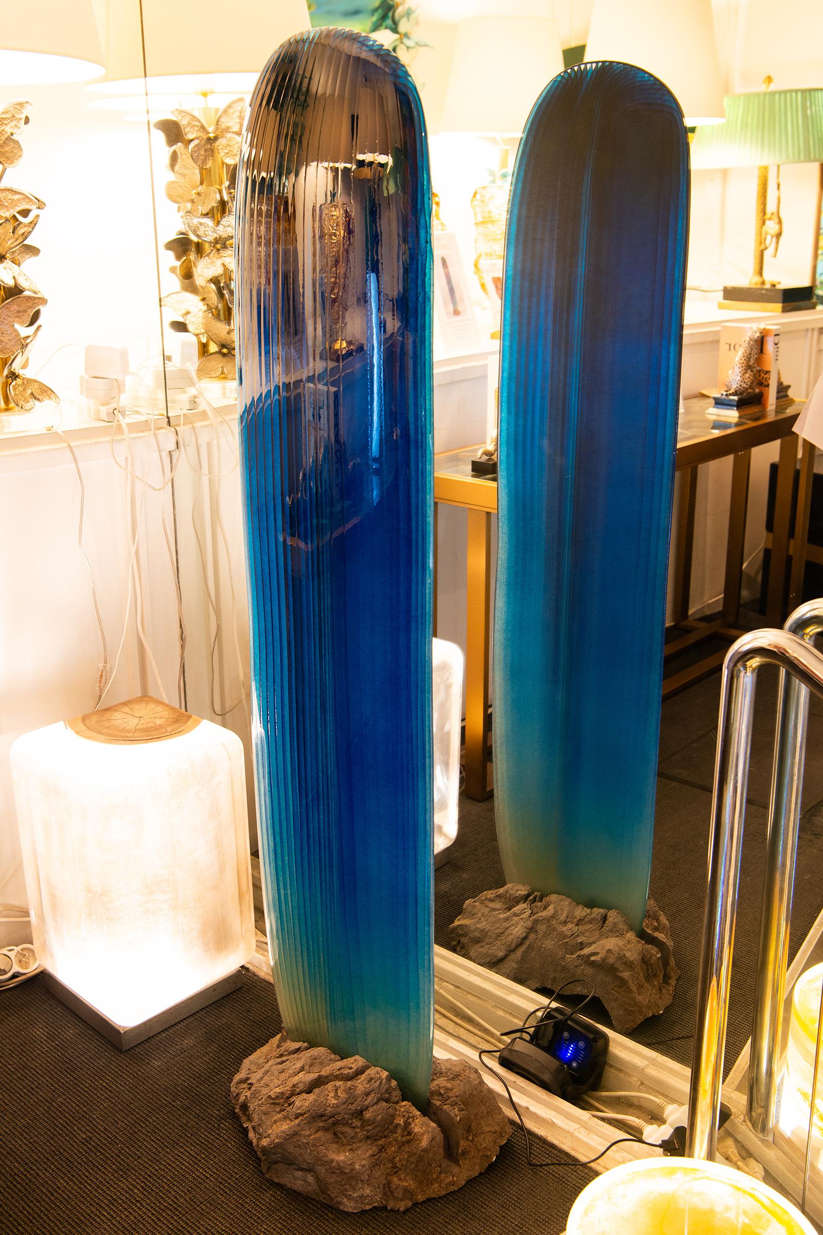 French Blue Glass on Volcanic rock Sculpture For Sale