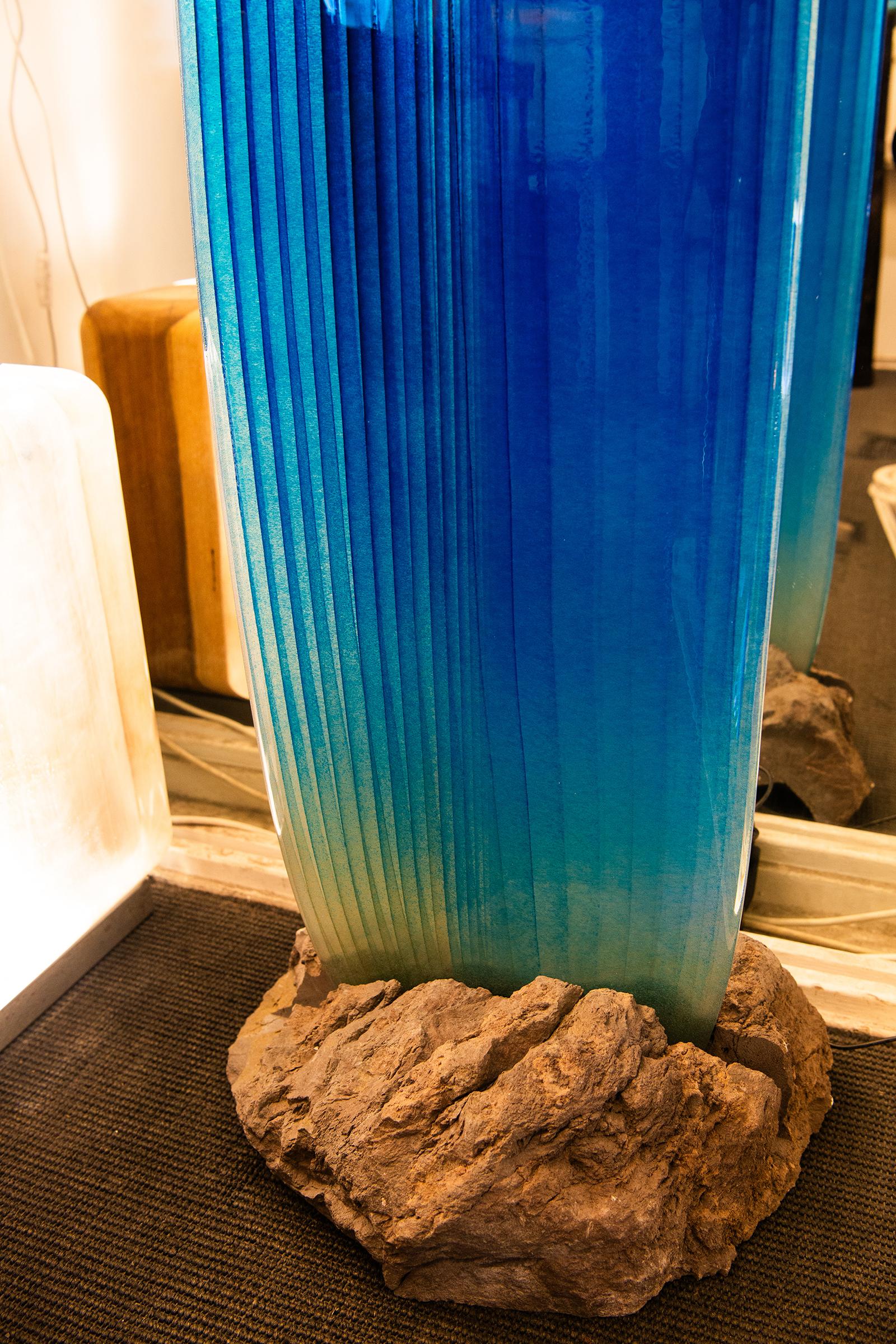 Hand-Crafted Blue Glass on Volcanic rock Sculpture For Sale