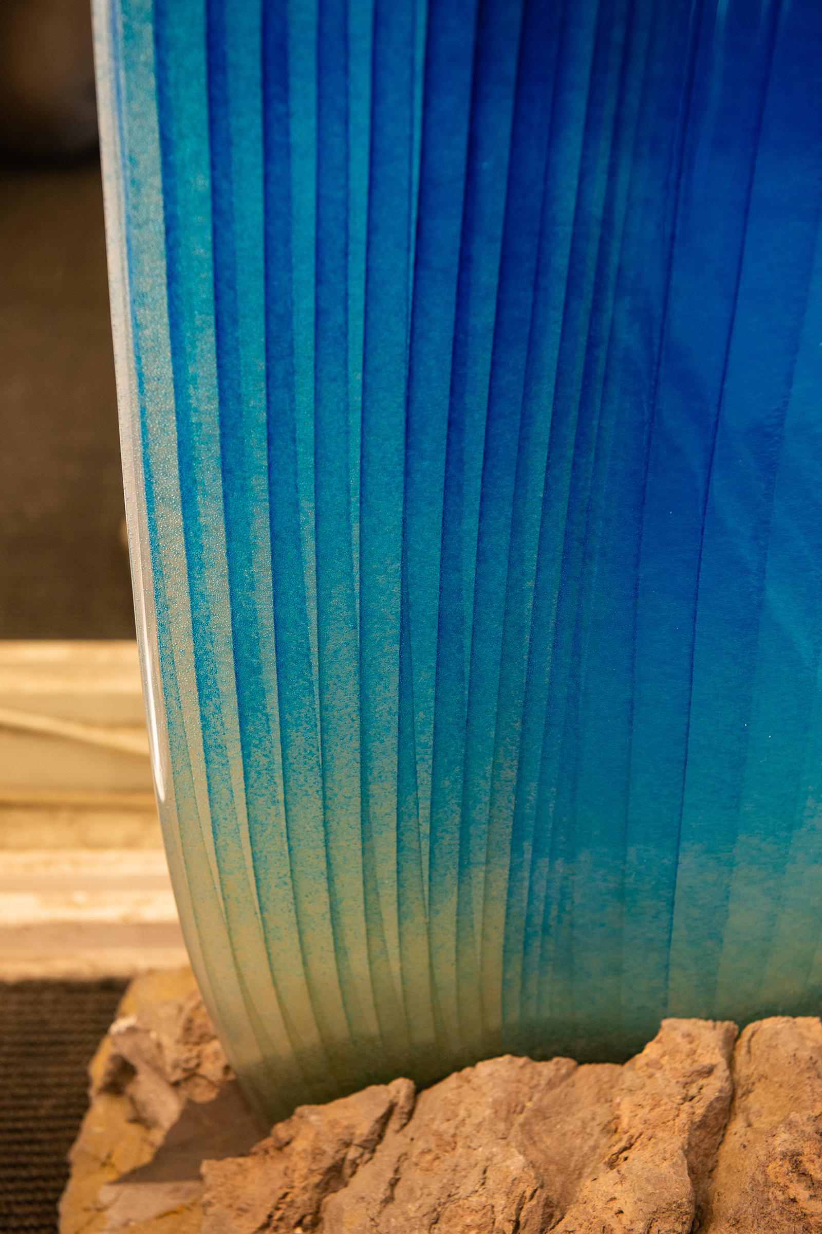 Contemporary Blue Glass on Volcanic rock Sculpture For Sale