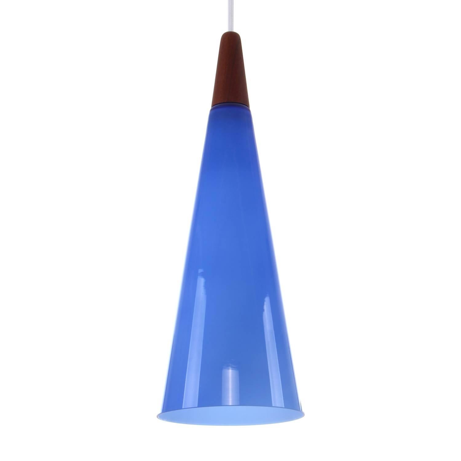 Blue Glass Pendant Light with Teak Top, 1970s, Scandinavian Modern Hanging Lamp In Excellent Condition For Sale In Frederiksberg, DK