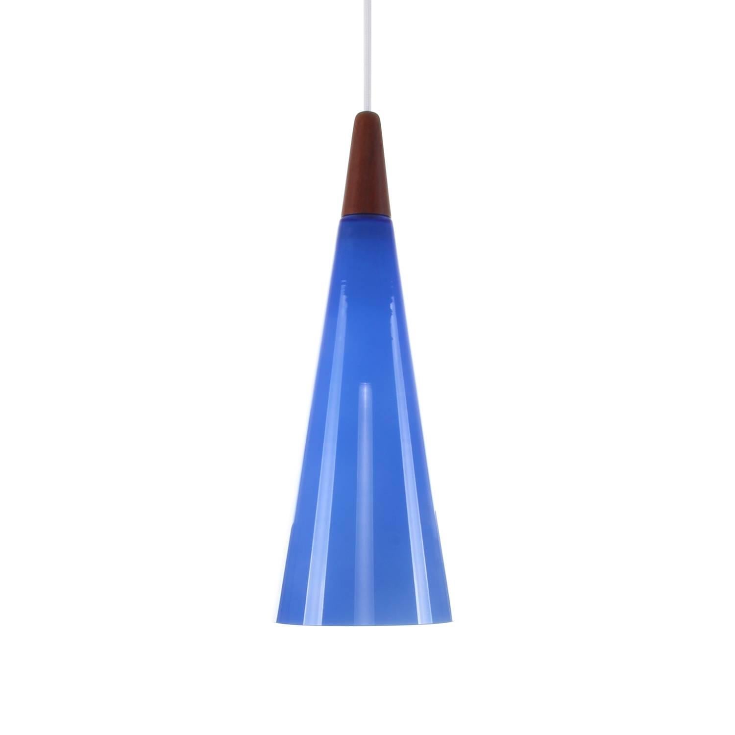 Blue Glass Pendant Light with Teak Top, 1970s, Scandinavian Modern Hanging Lamp For Sale
