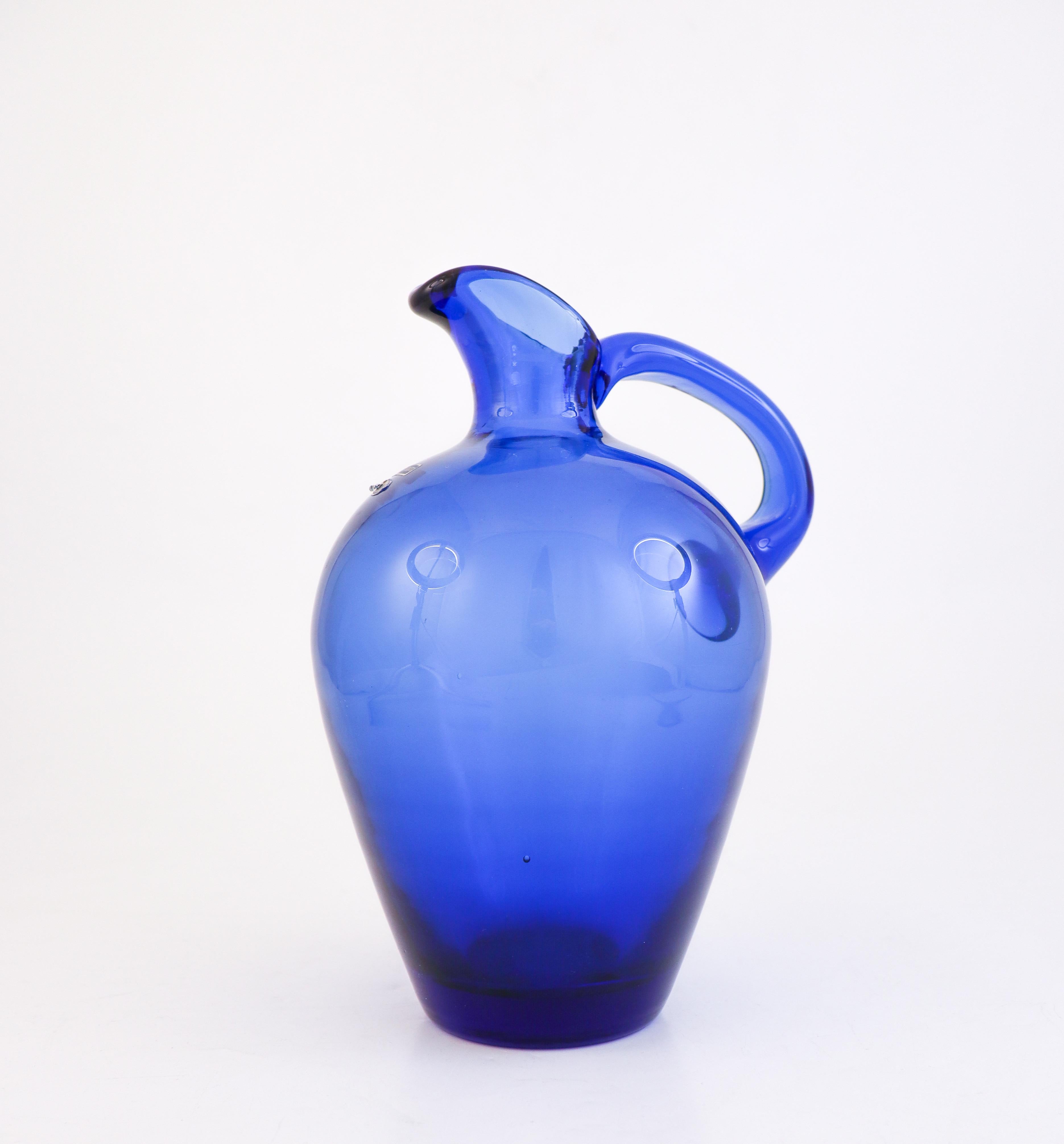 Scandinavian Modern Blue Glass Pitcher - Monica Bratt Reijmyre Glassworks - Swedish Glass For Sale