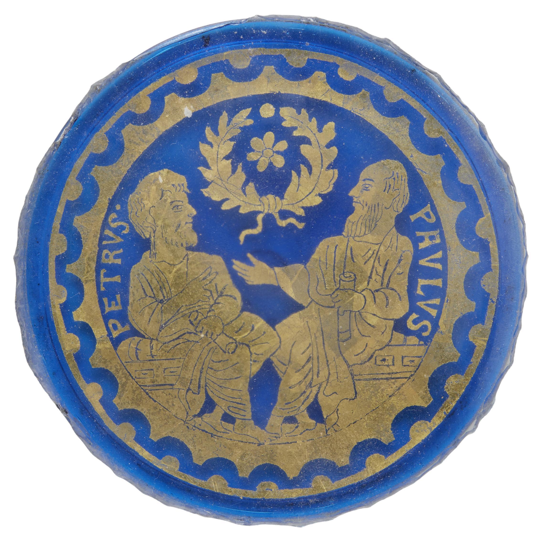 Blue Glass Romanesque Revival Medallion Late 19th Century Venetian  For Sale