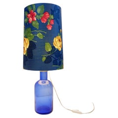 Blue Glass table lamp with original flowers shade - 1960s