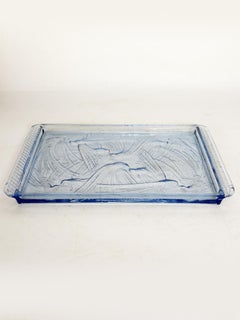 Blue glass tray, Art Deco style with bird motif, France, 1940