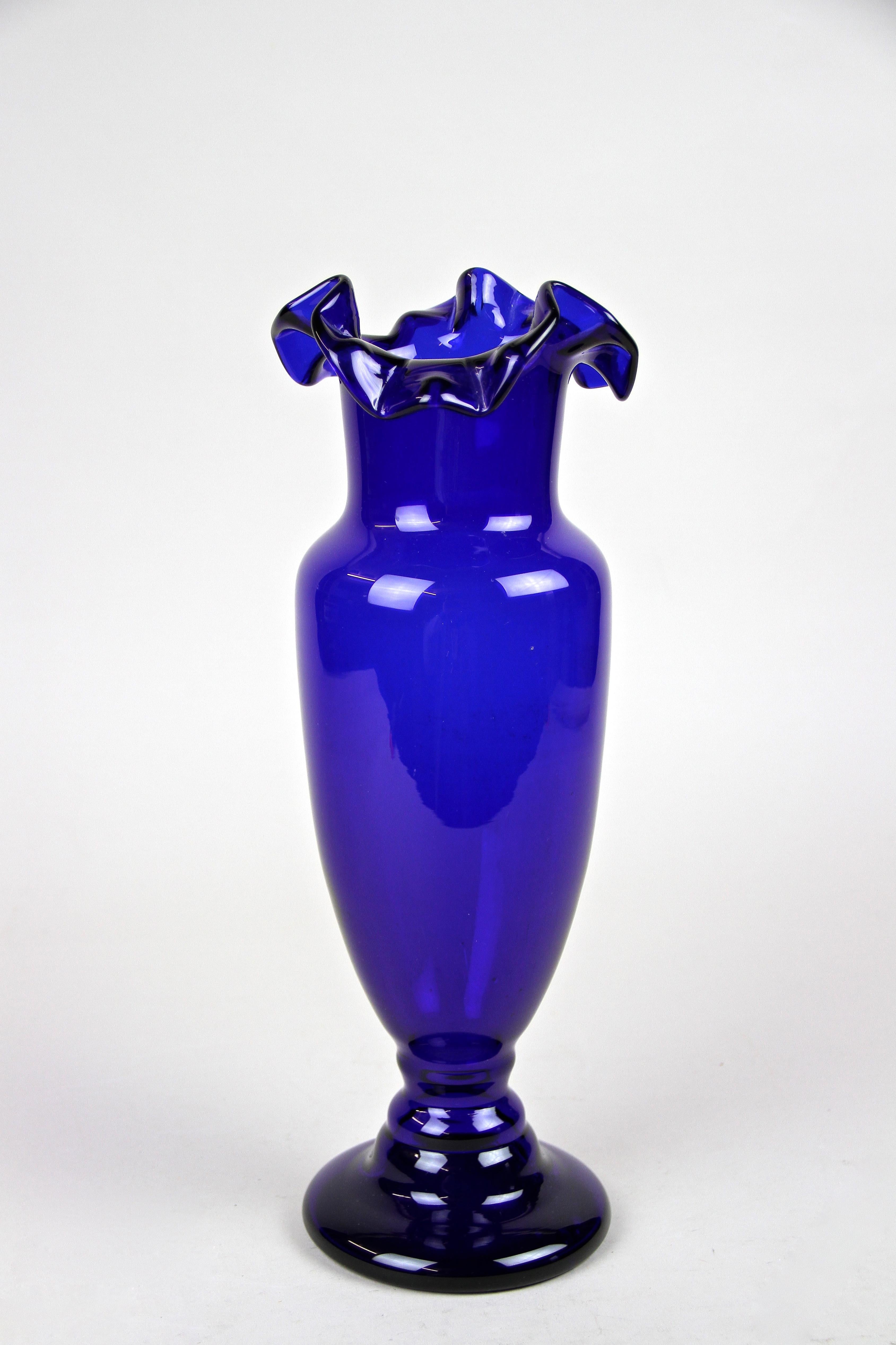 Austrian Blue Glass Vase Art Nouveau with Frilly Glass Top, Austria, circa 1900 For Sale